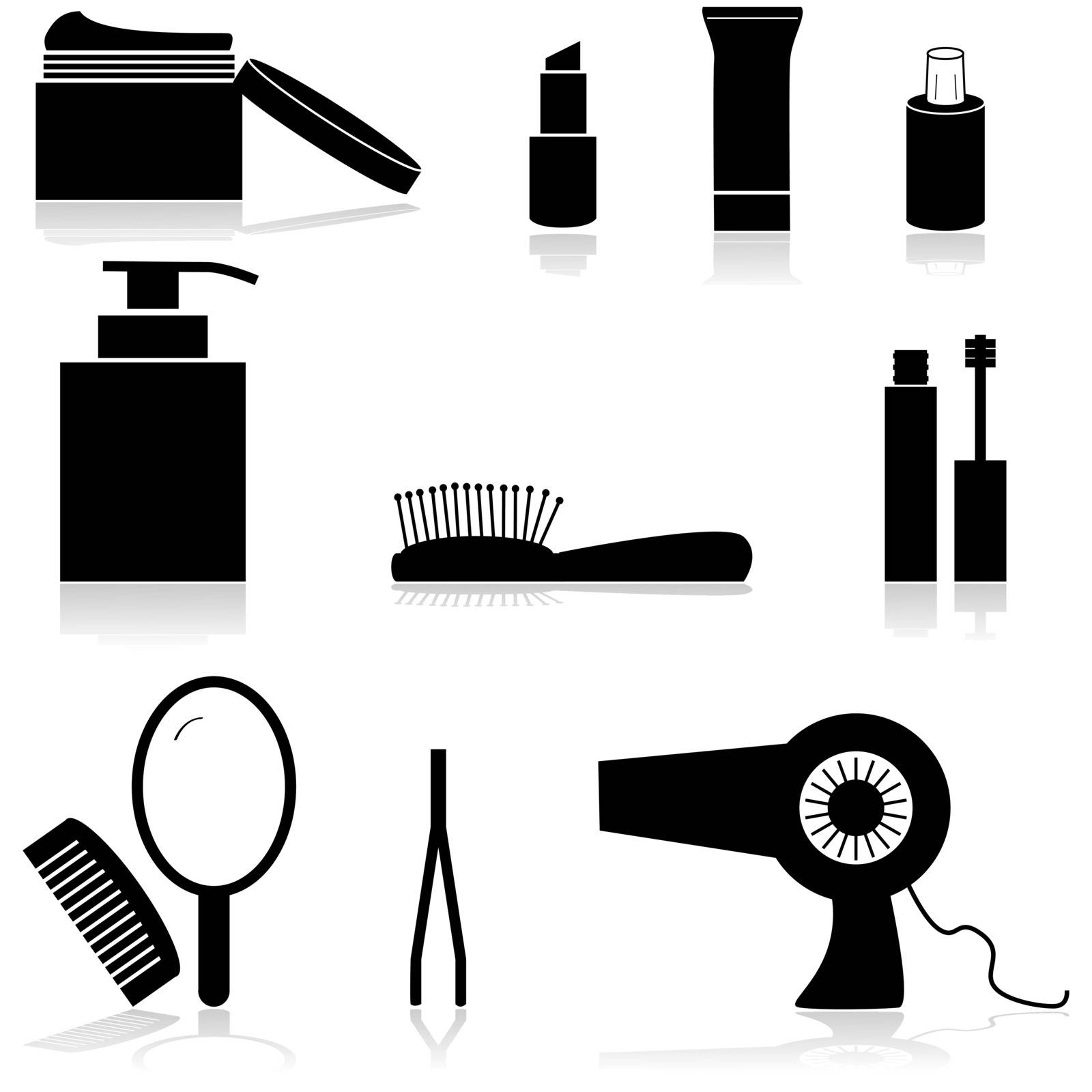 Icon set showing different beauty items such as creams, a mirror and a hairdryer