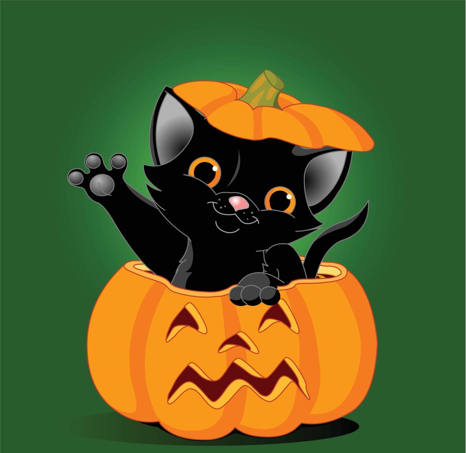 Black kitten is jumping out of a Halloween pumpkin. Background is separate