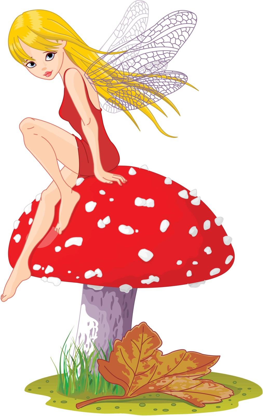 Sweet fairy sitting on Fly-agaric