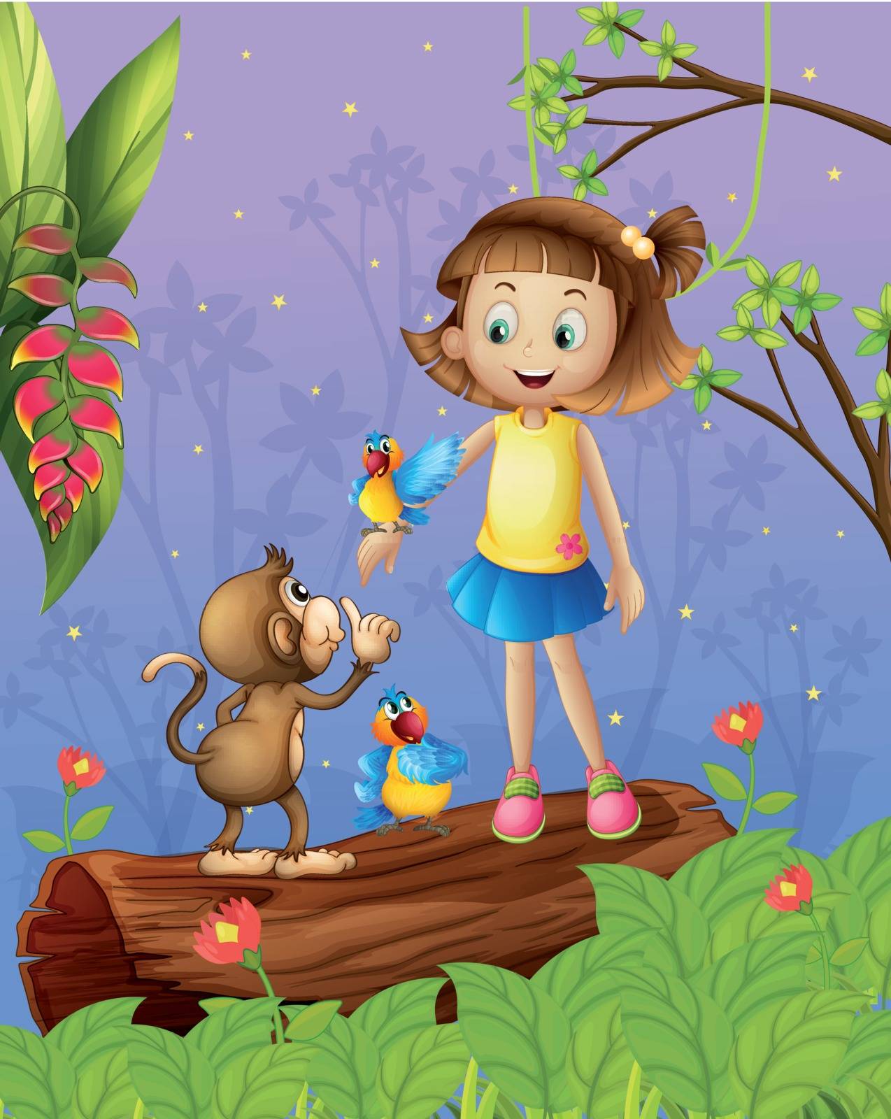 Illustration of a young girl with two parrots and a monkey in the forest