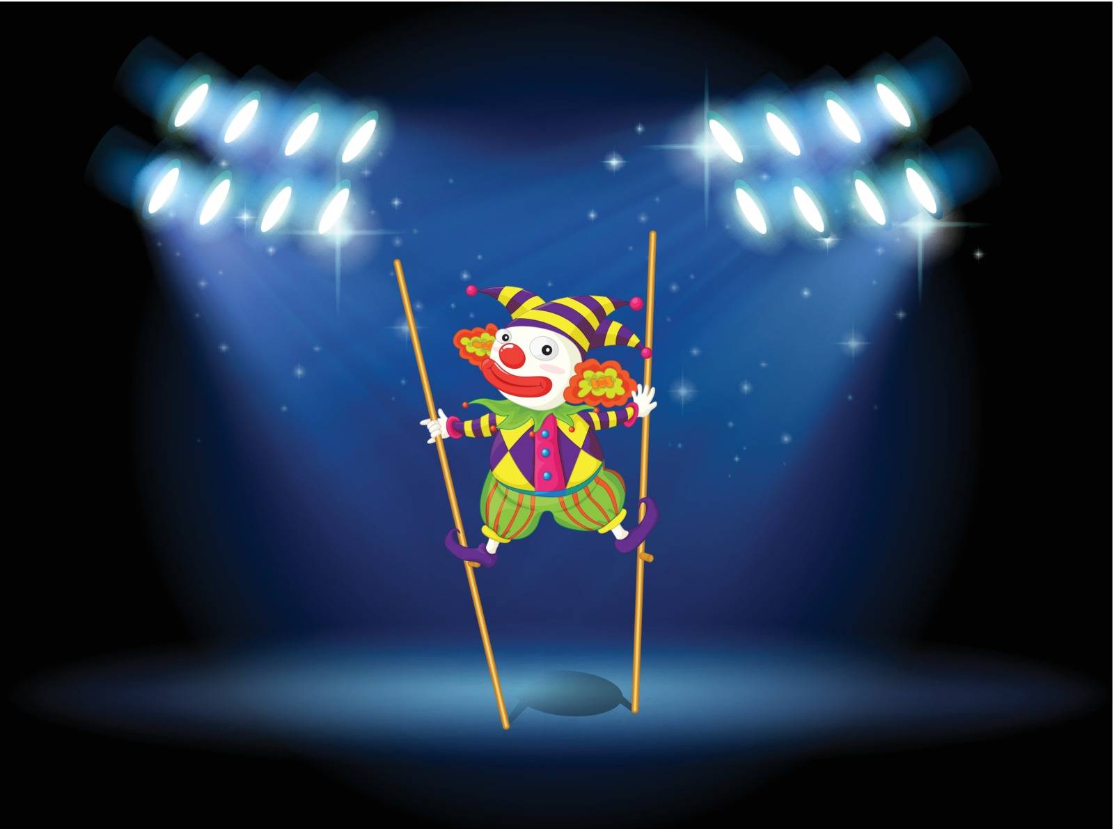 Illustration of a clown doing a trick at the stage