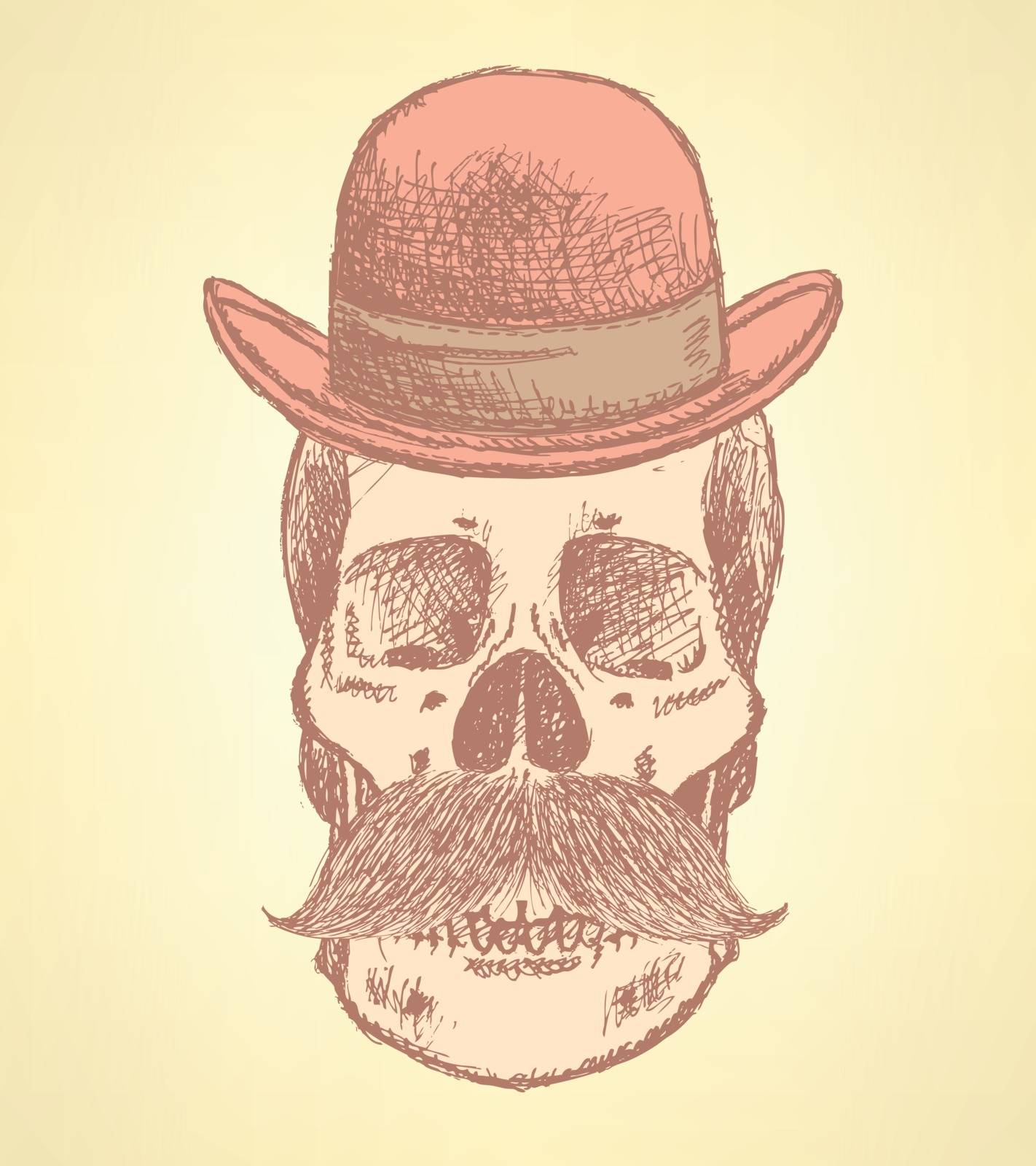 Sketch scull with mustache and in hat, background

