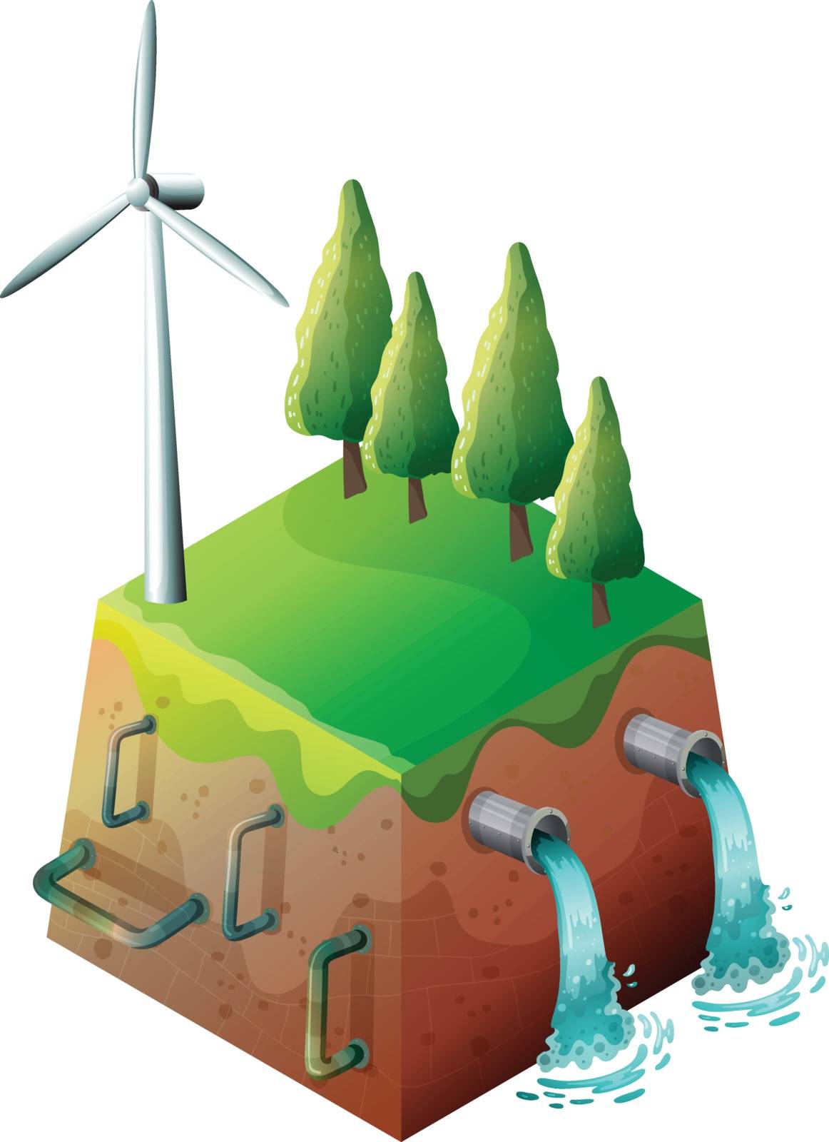 Illustration of a windmill and water pipes on a white background