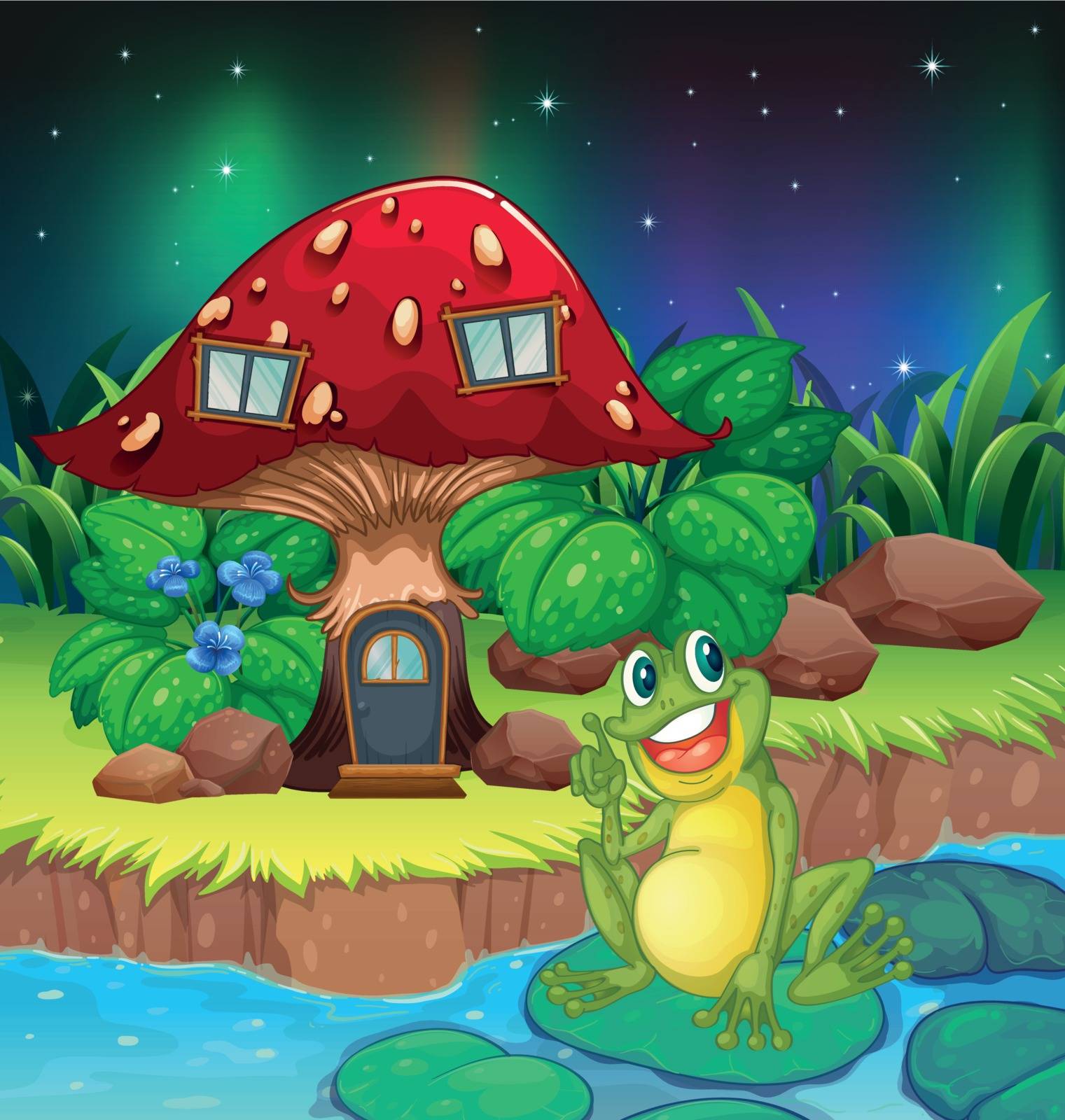 Illustration of a frog sitting on a waterlily near the mushroom house