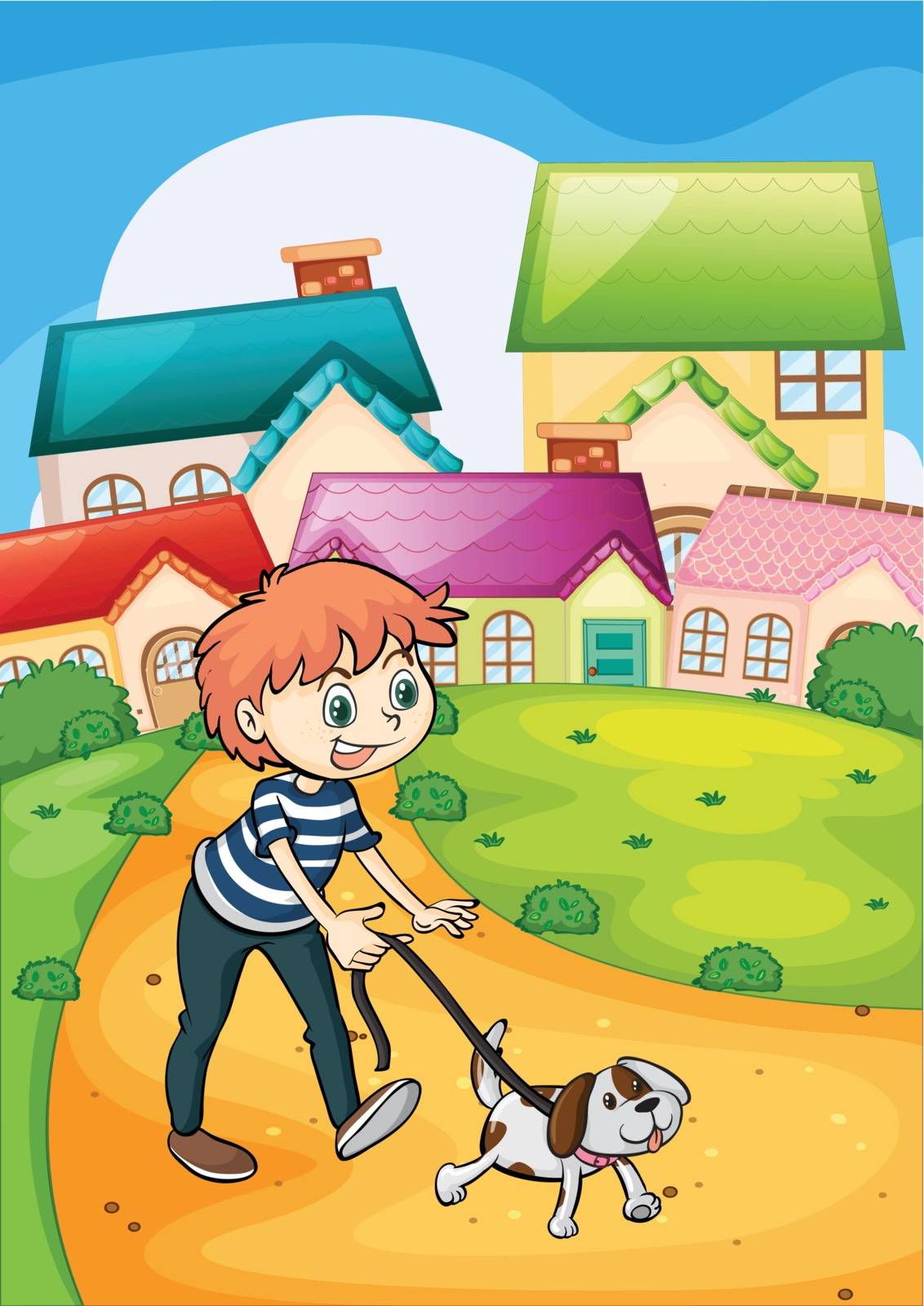 Illustration of a boy strolling with his pet