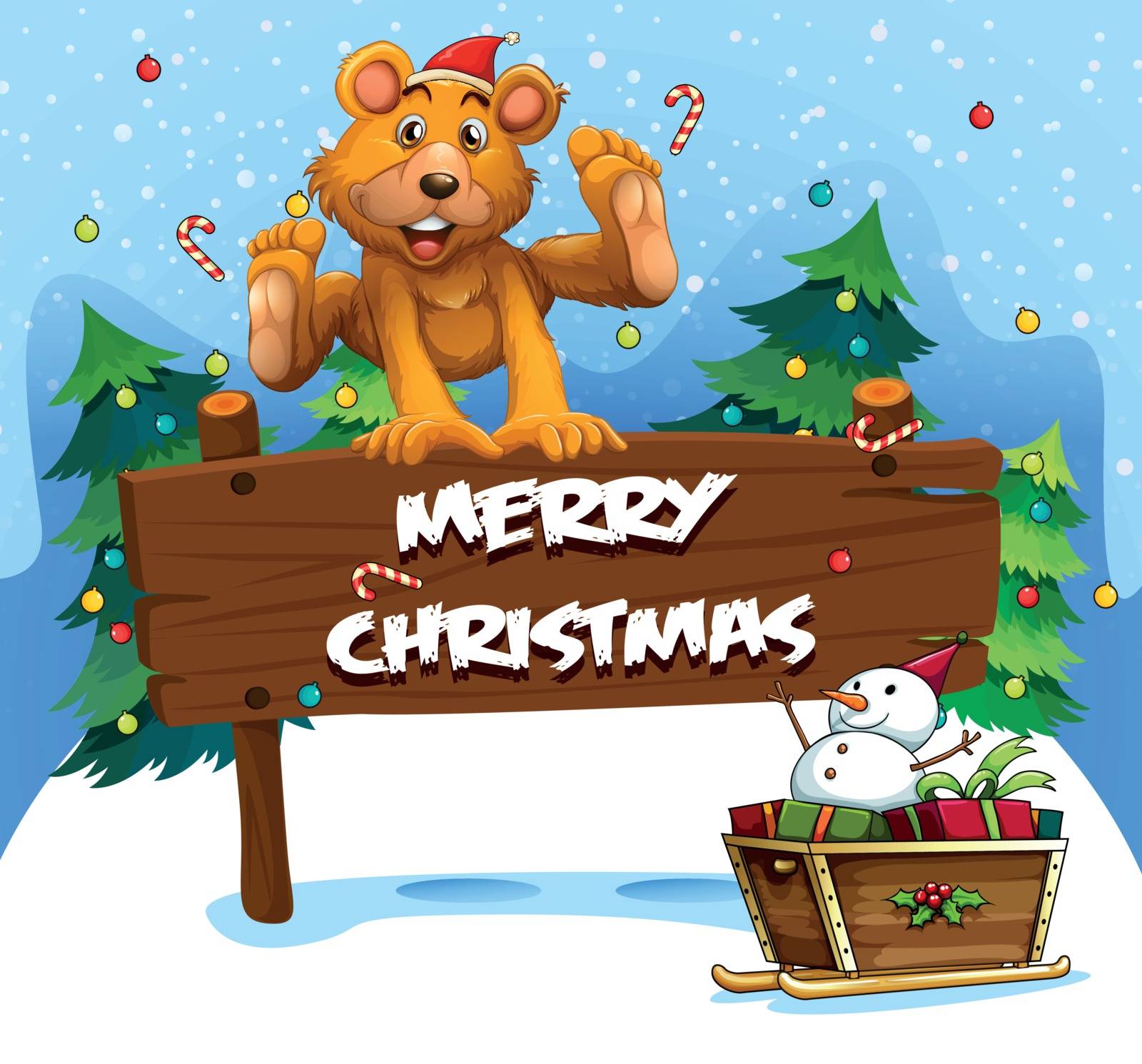 Illustration of a playful bear playing near the christmas signboard