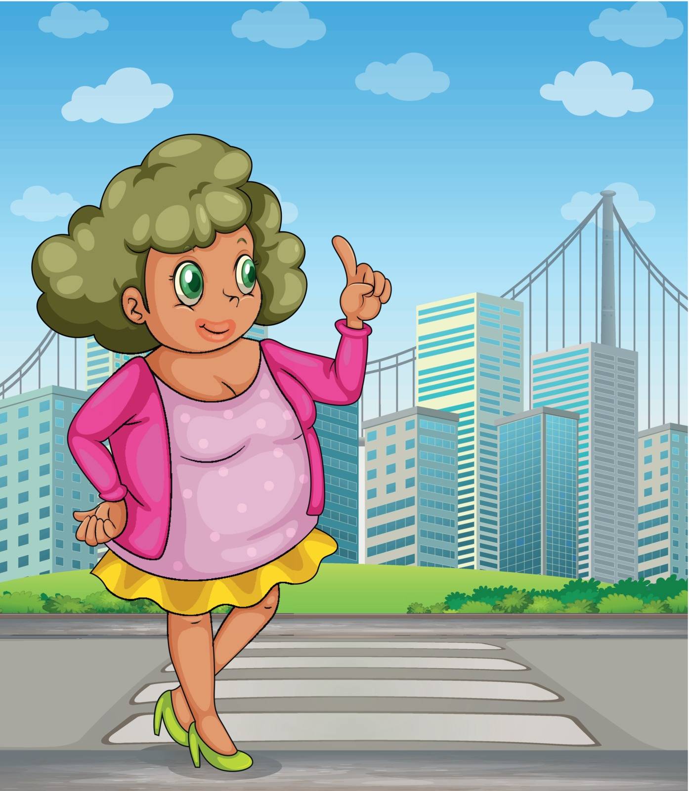Illustration of a fat girl at the street across the tall buildings