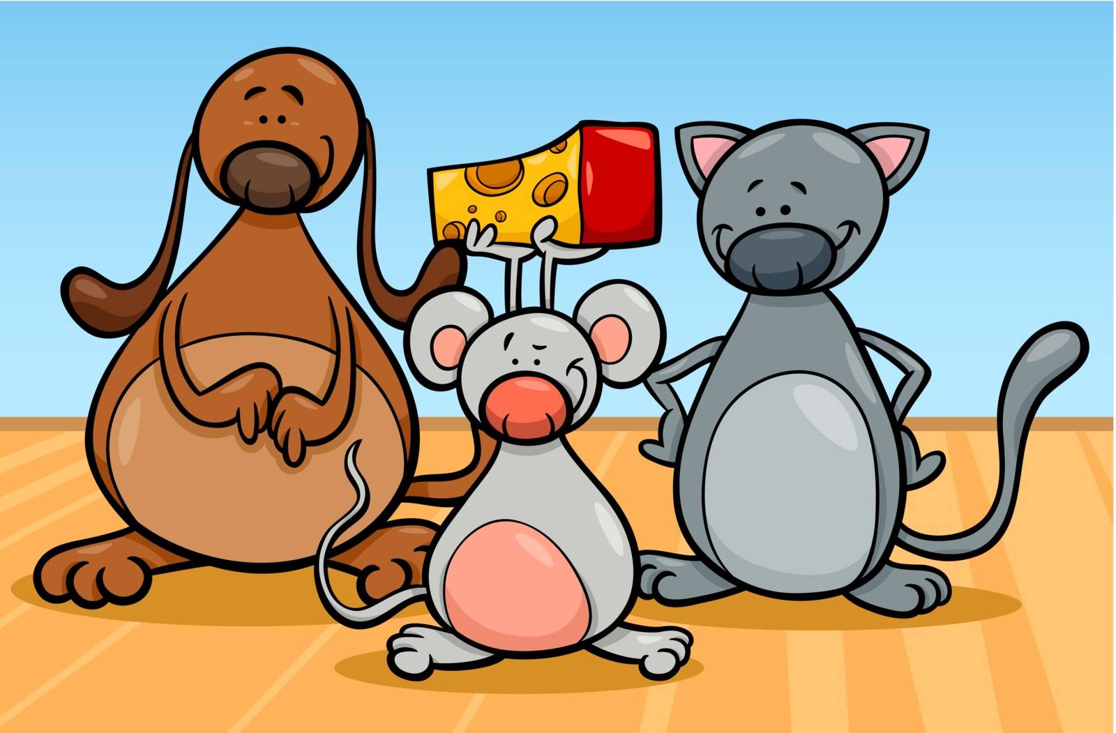 Cartoon Illustration of Cute Dog Cat and Mouse Pets Characters