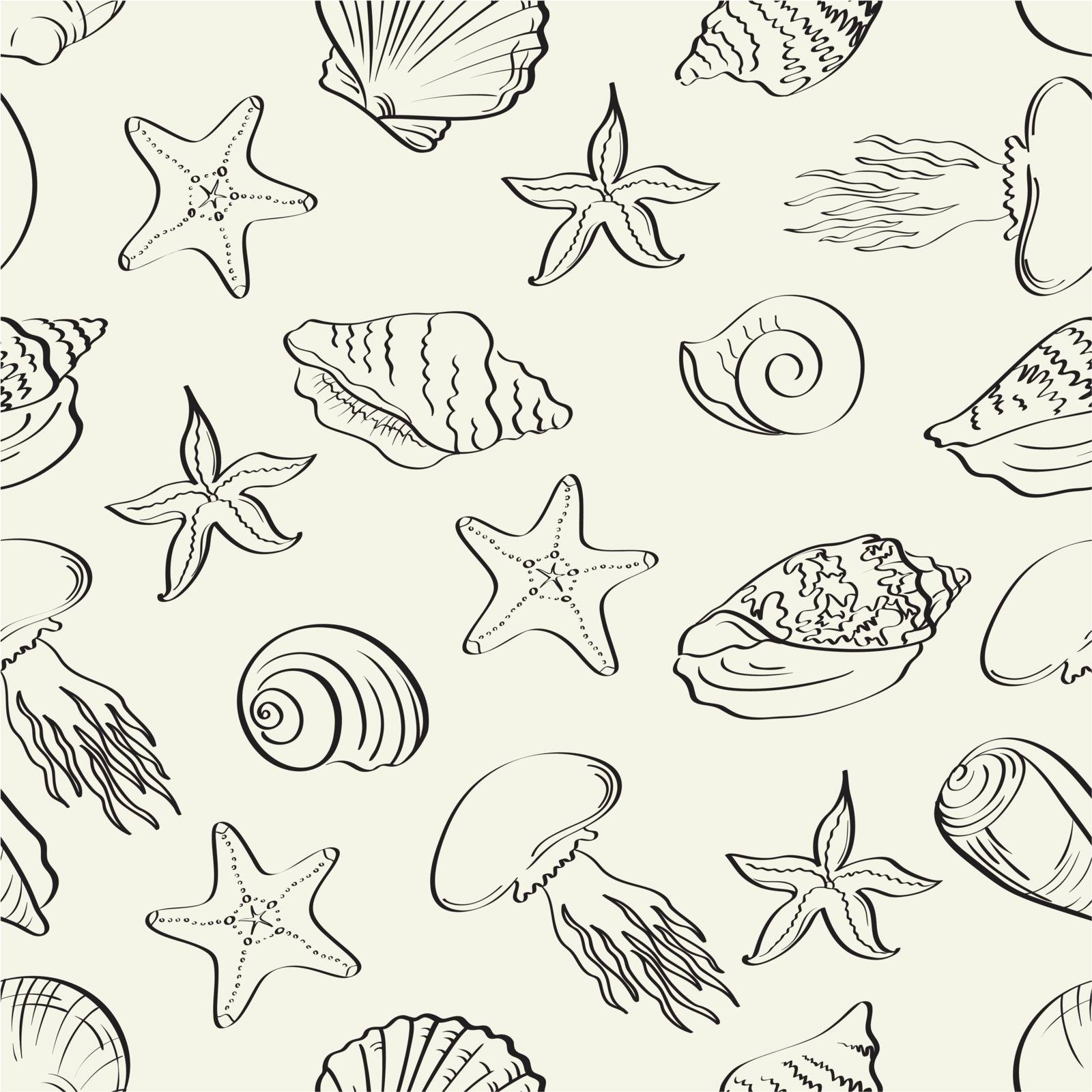 Seamless pattern, seashells, starfish and jellyfish black contours isolated on white background. Vector