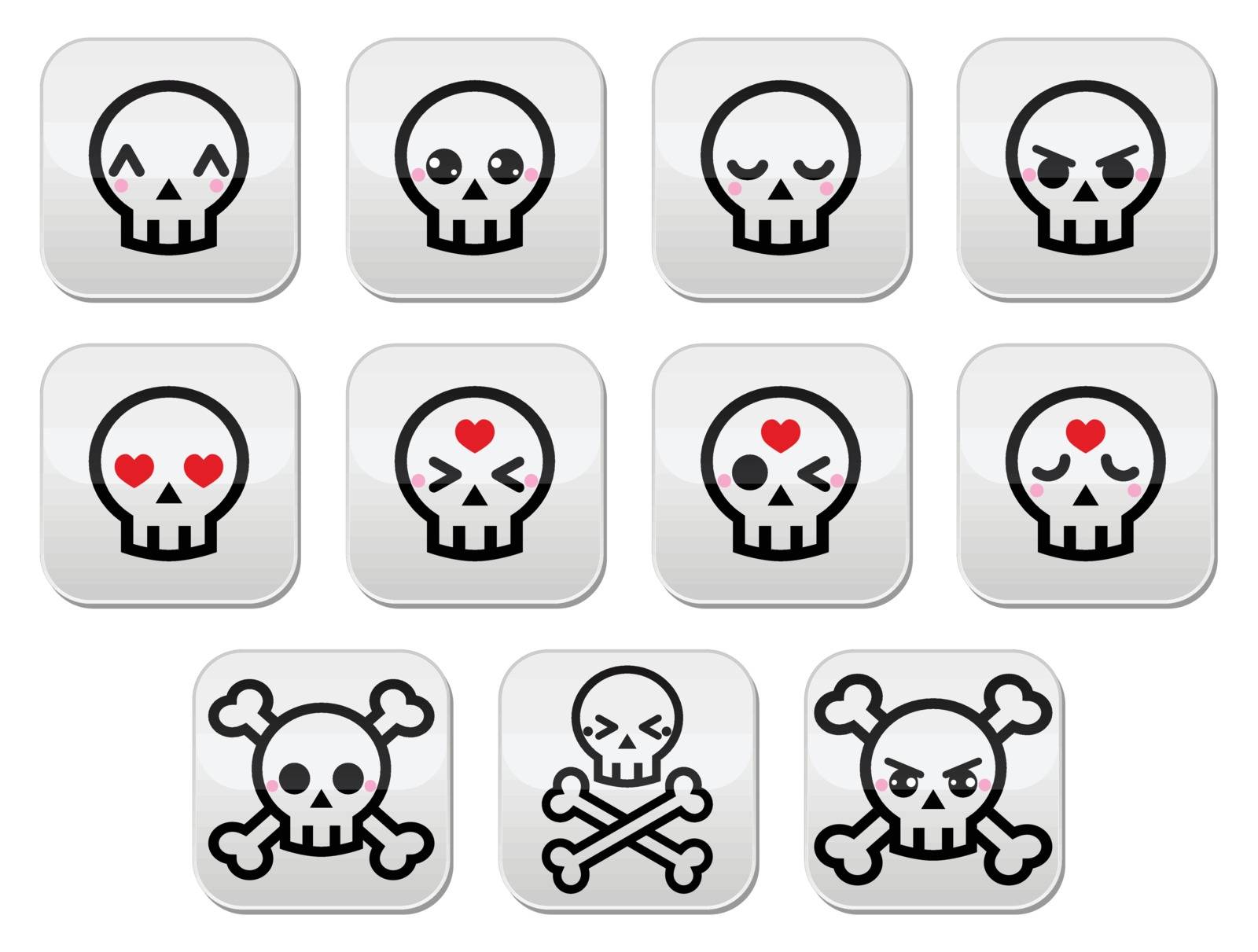 Cute kawaii characters - skulls with different expressions isolated on white
