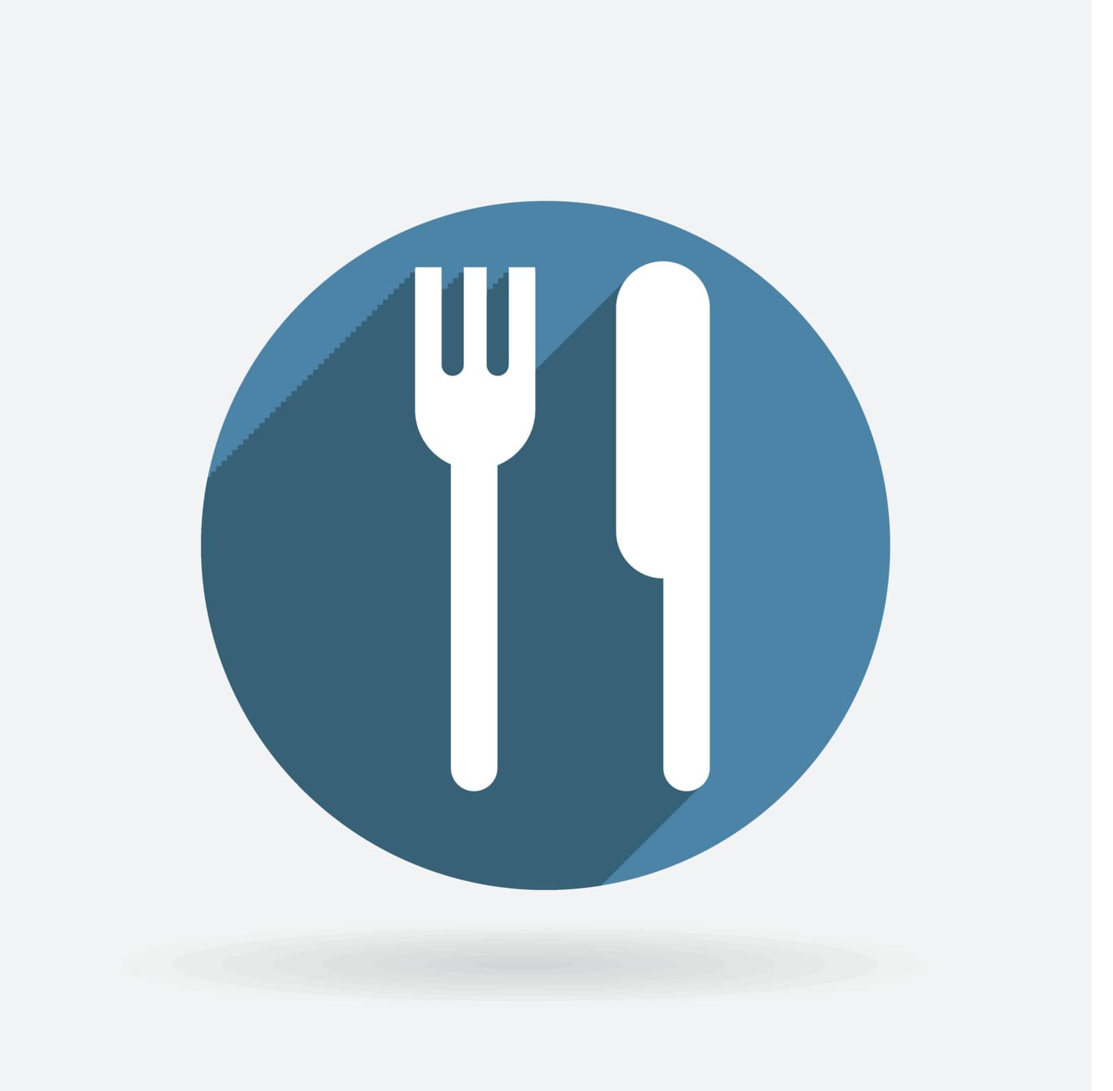 fork and knife sign. Circle blue icon with shadow.