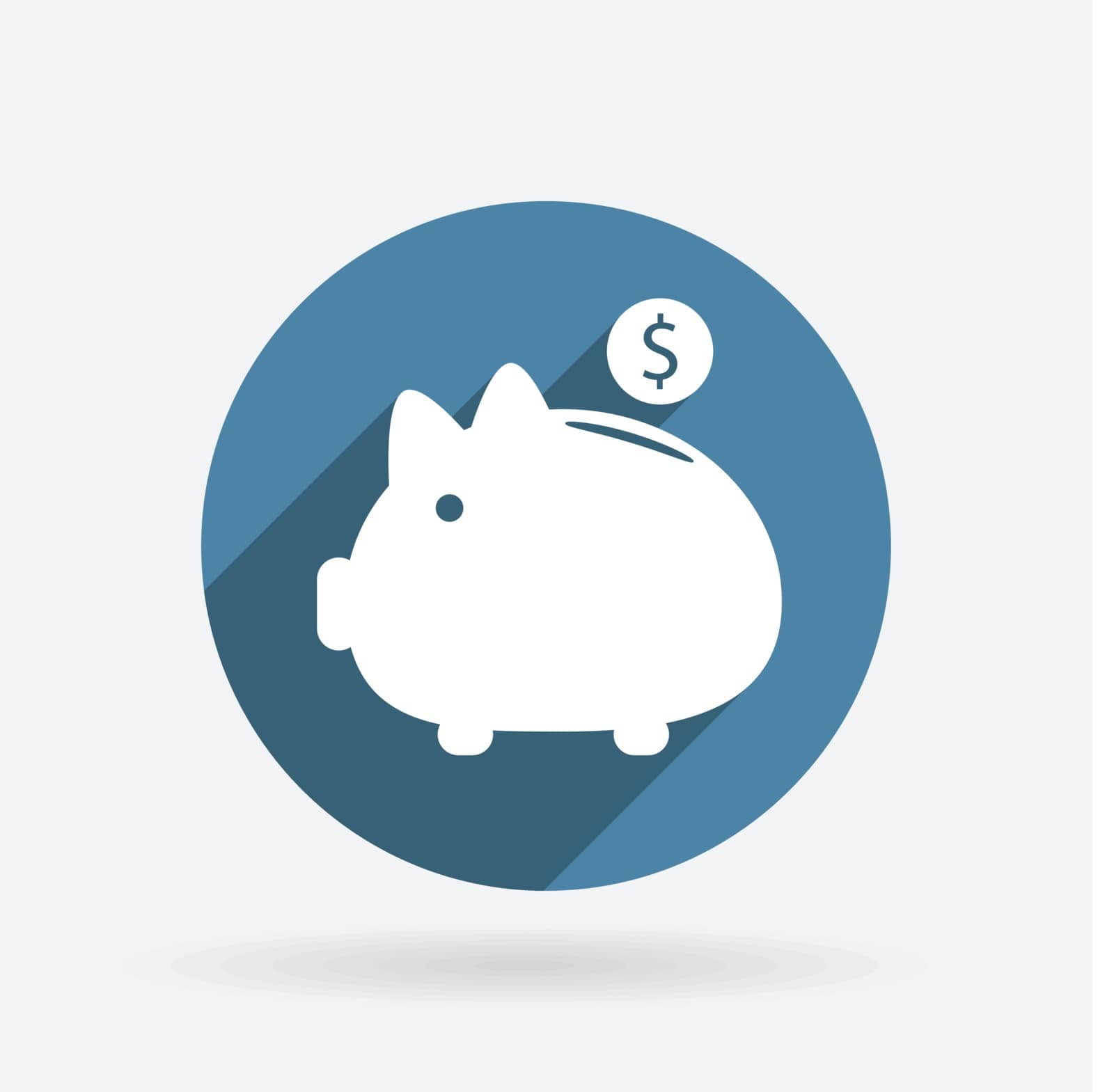 piggy bank. Circle blue icon with shadow.