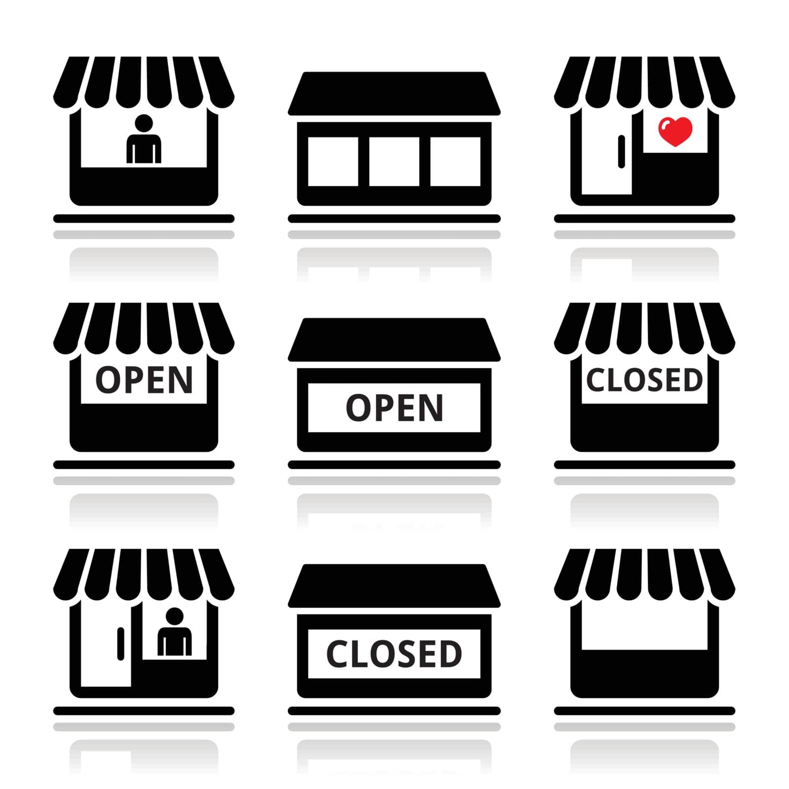 Retail, shopping, buying online icons set isolated on white - open, closed