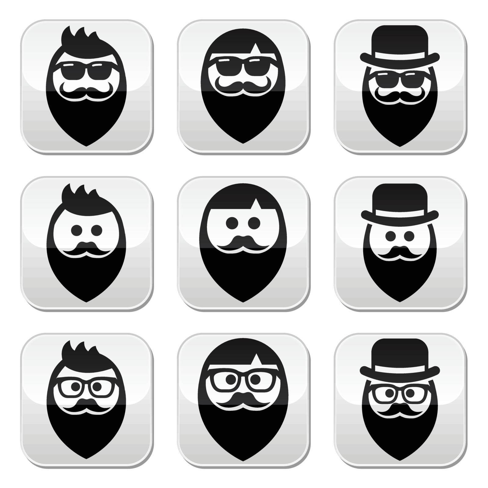 People with beard in glasses, sunglasses and hat vector buttons set isolated on white