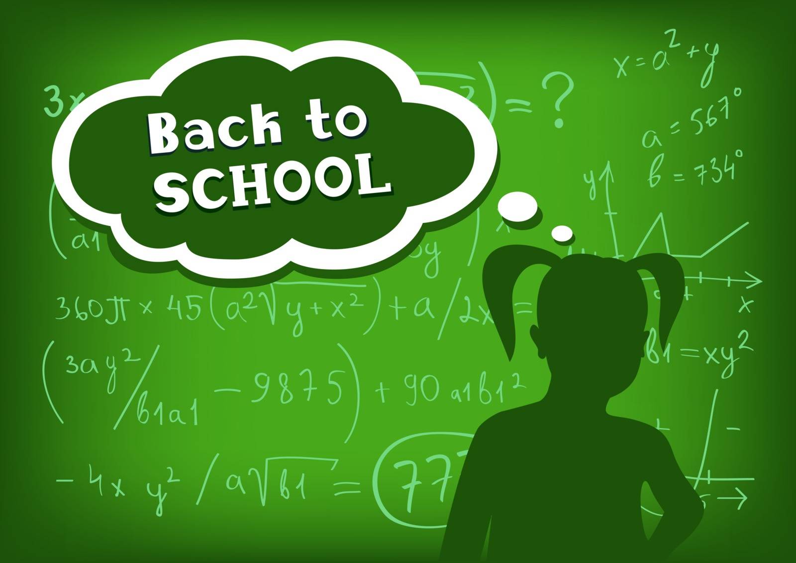 The silhouette of girl who speech and thought amid the school blackboard expect back to school