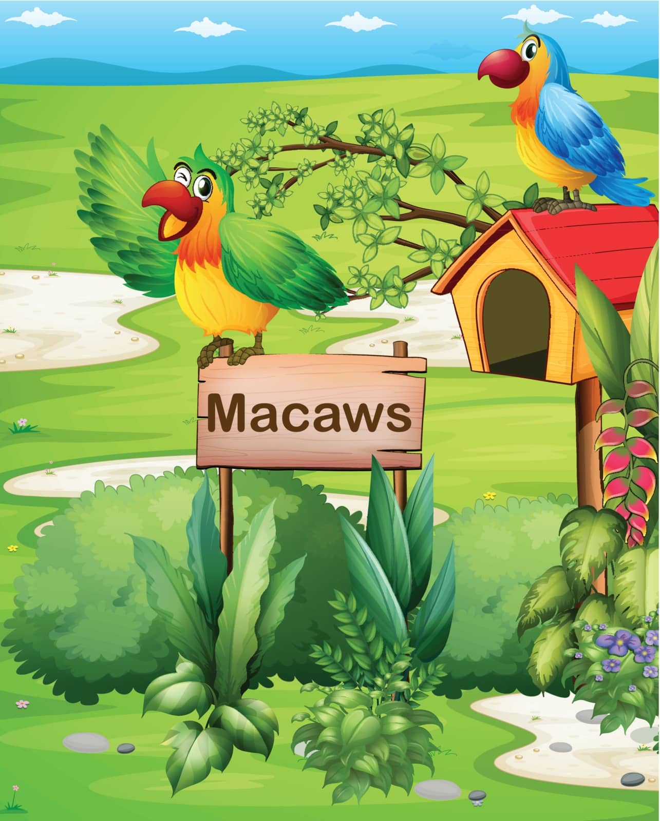 Two colorful parrots above a signboard and a pethouse by iimages