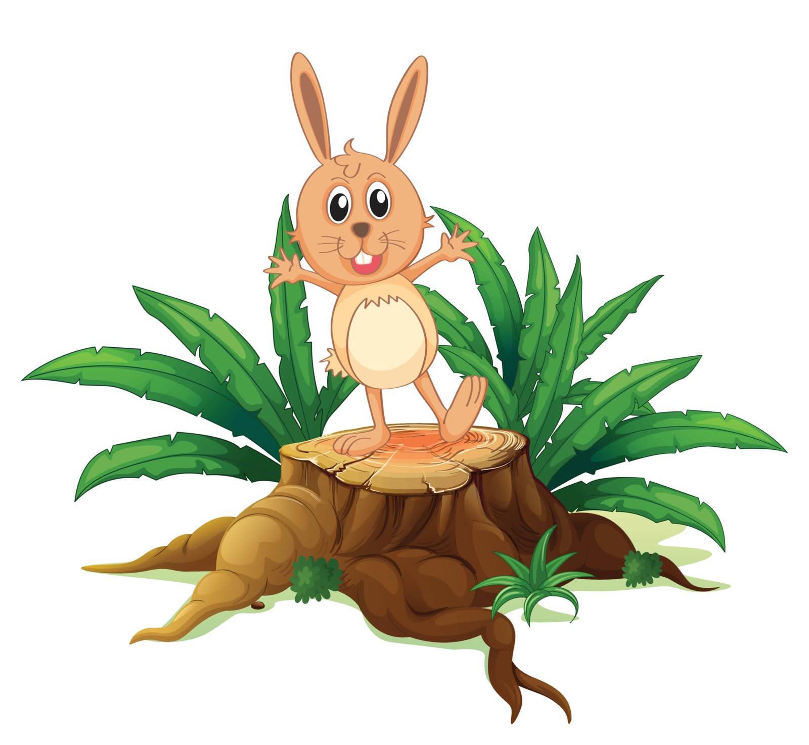 Illustration of a rabbit above a stump on a white background