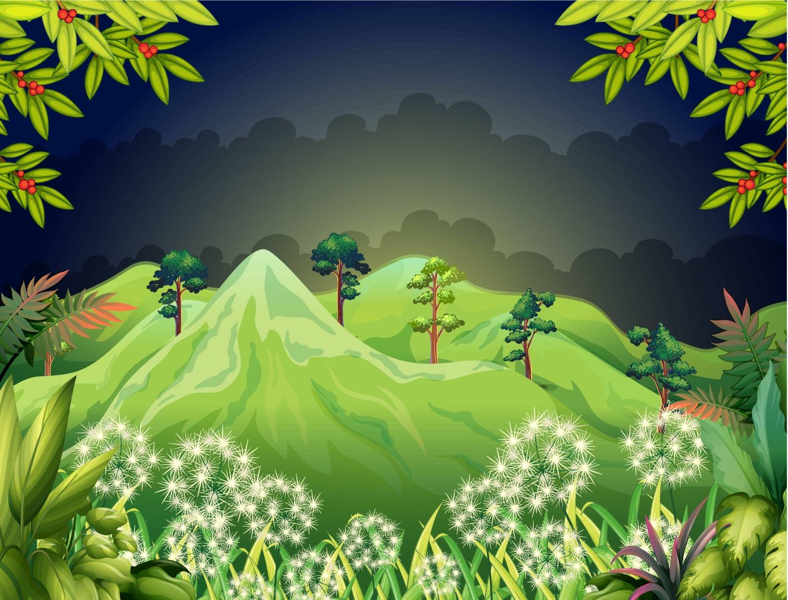 Illustration of the high mountains at the dark forest