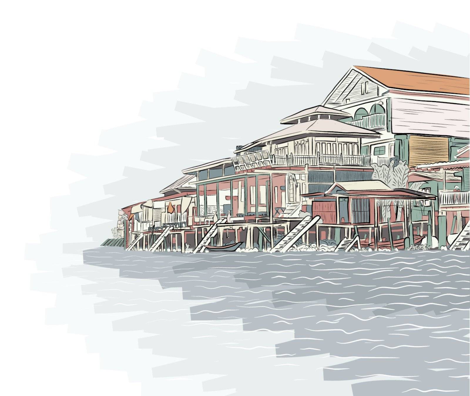 Editable vector illustration sketch of wooden waterside buildings