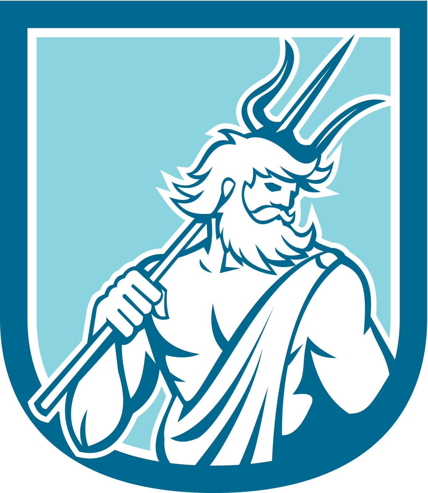 Illustration of Roman god of sea Neptune or Poseidon of Greek mythology holding a trident set inside shield crest on isolated background done in retro style