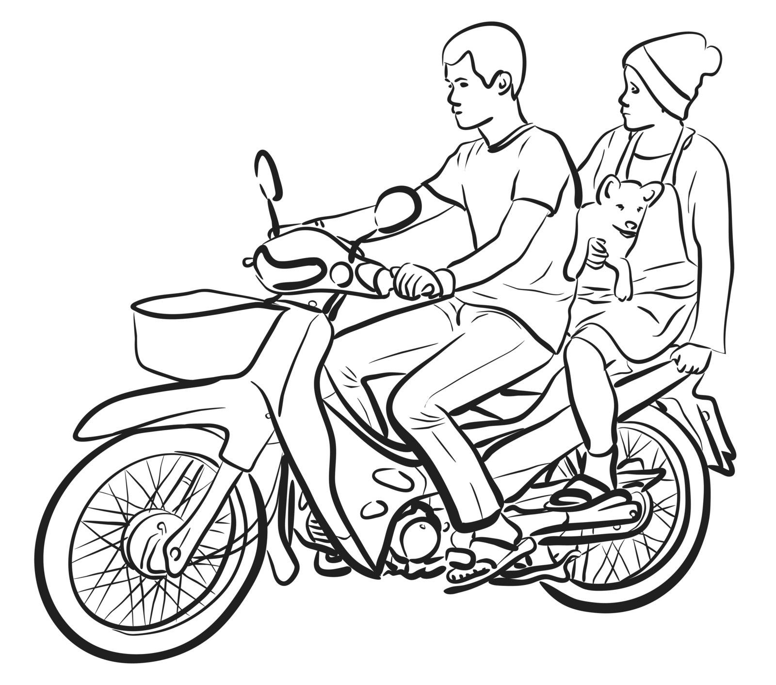 Editable vector sketch of two people and a puppy on a motorcycle
