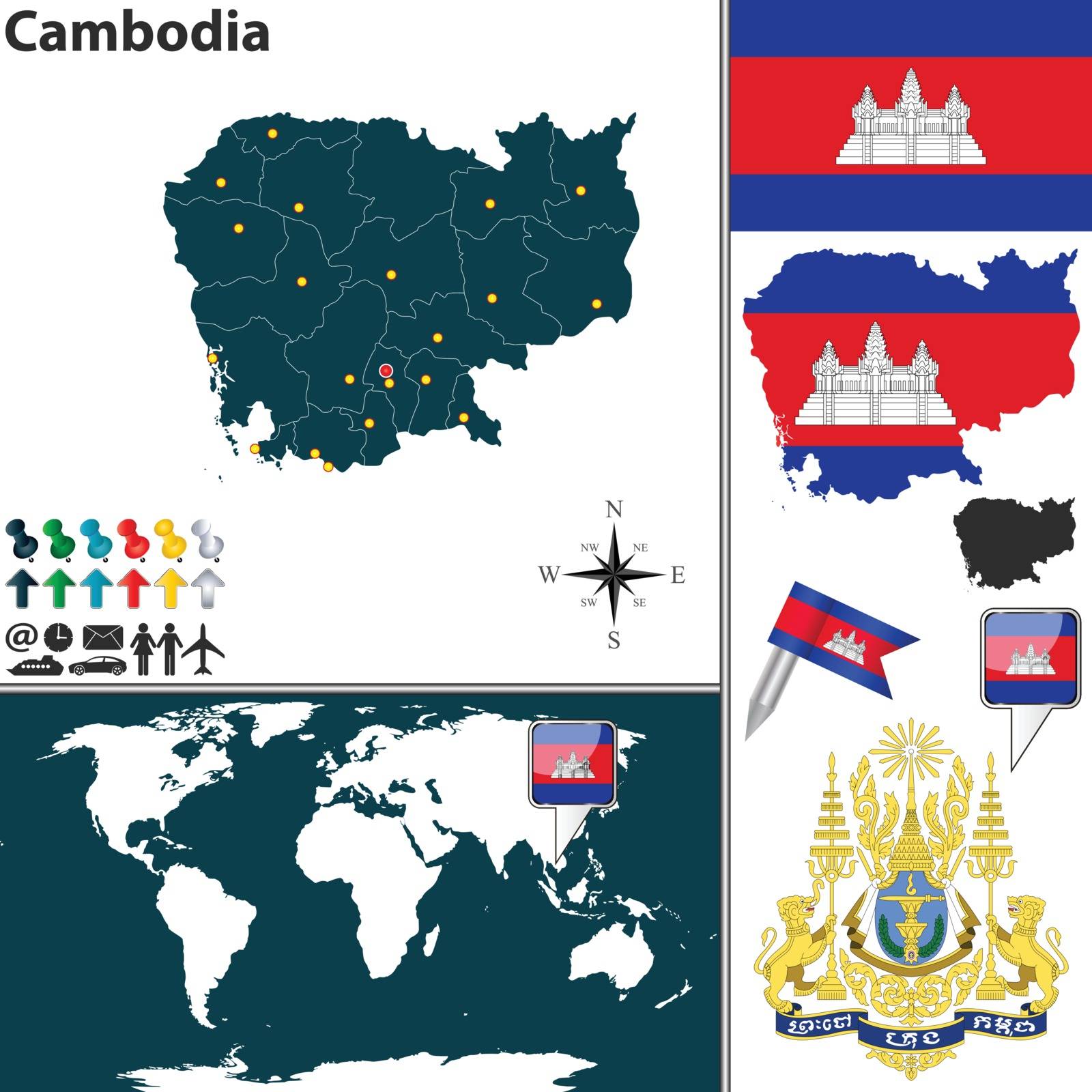 Vector map of Cambodia with coat of arms and location on world map