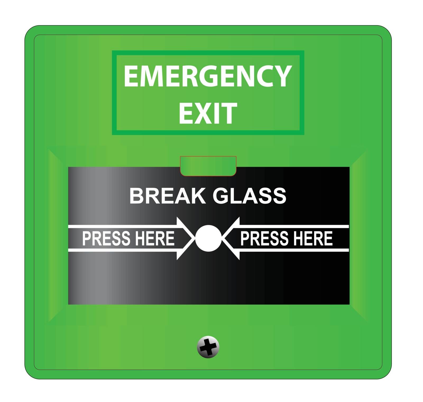 A green 'break glass' emergency exit button over a white background.