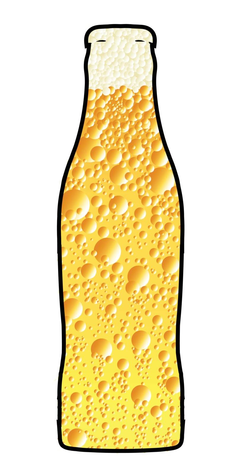 Bubbles and froth in a fizzy drink bottle over a white background.
