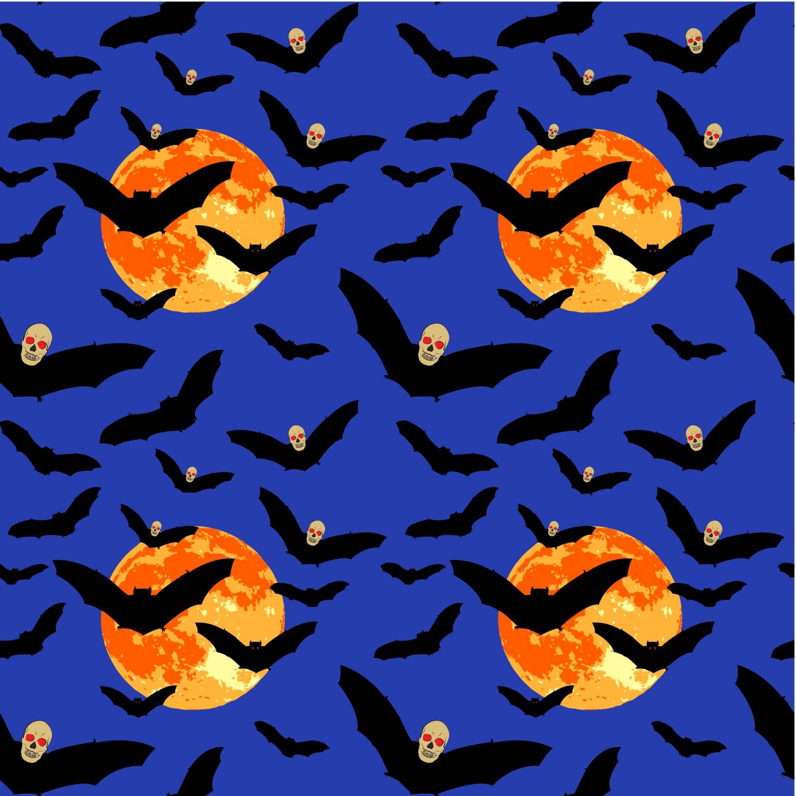 Seamless pattern of flying bat with skull head and full moon on blue background.halloween concept