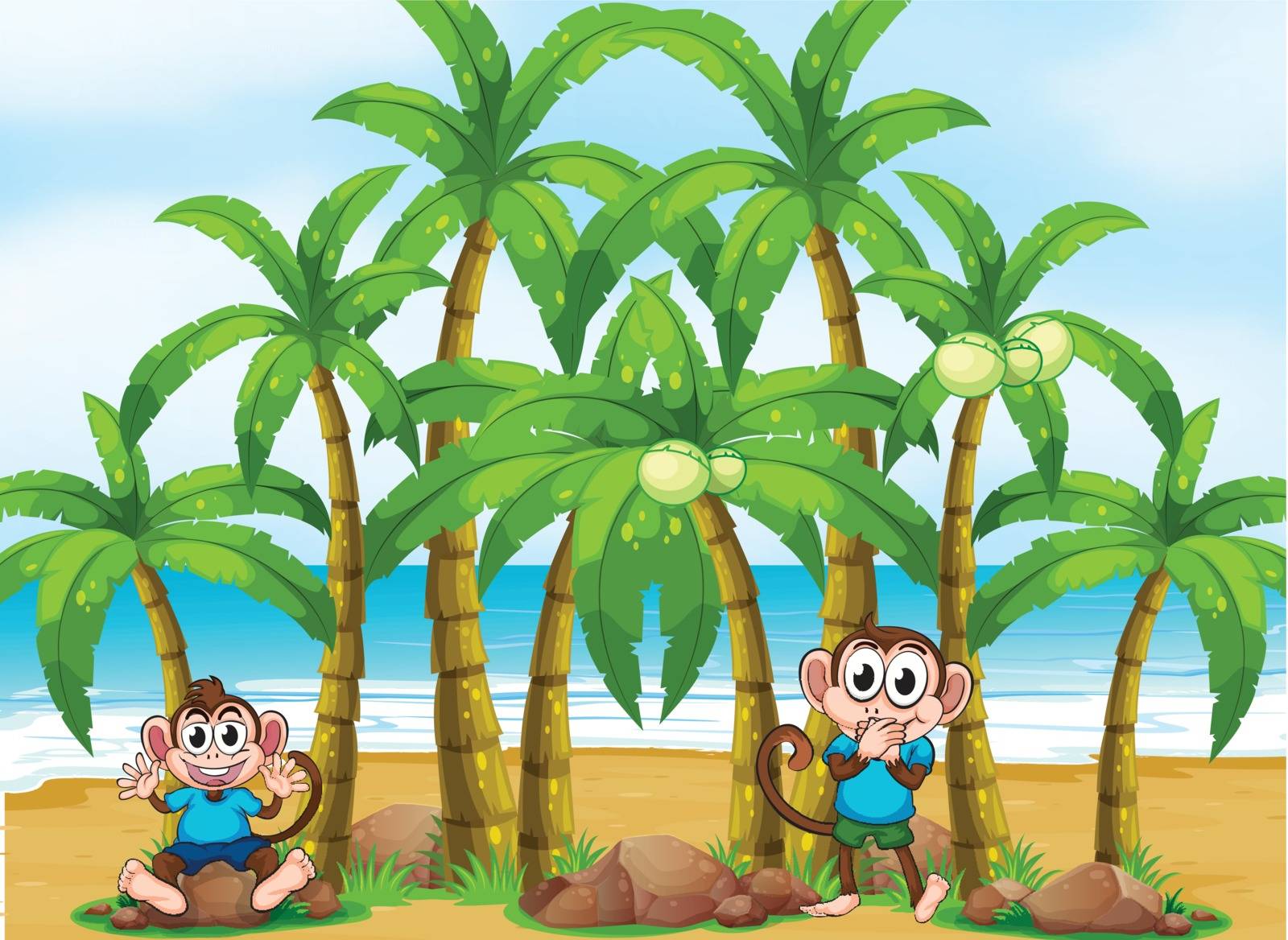 Illustration of a beach with tall coconut trees and playful monkeys
