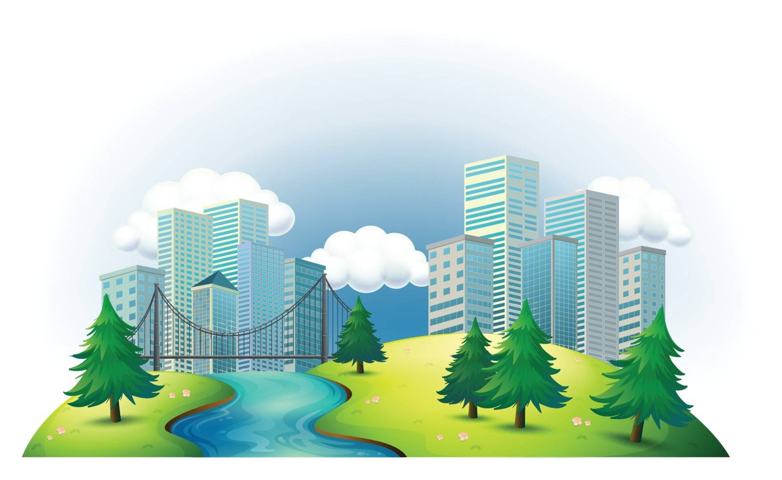 Illustration of the tall buildings in an island with a river and pine trees on a white background