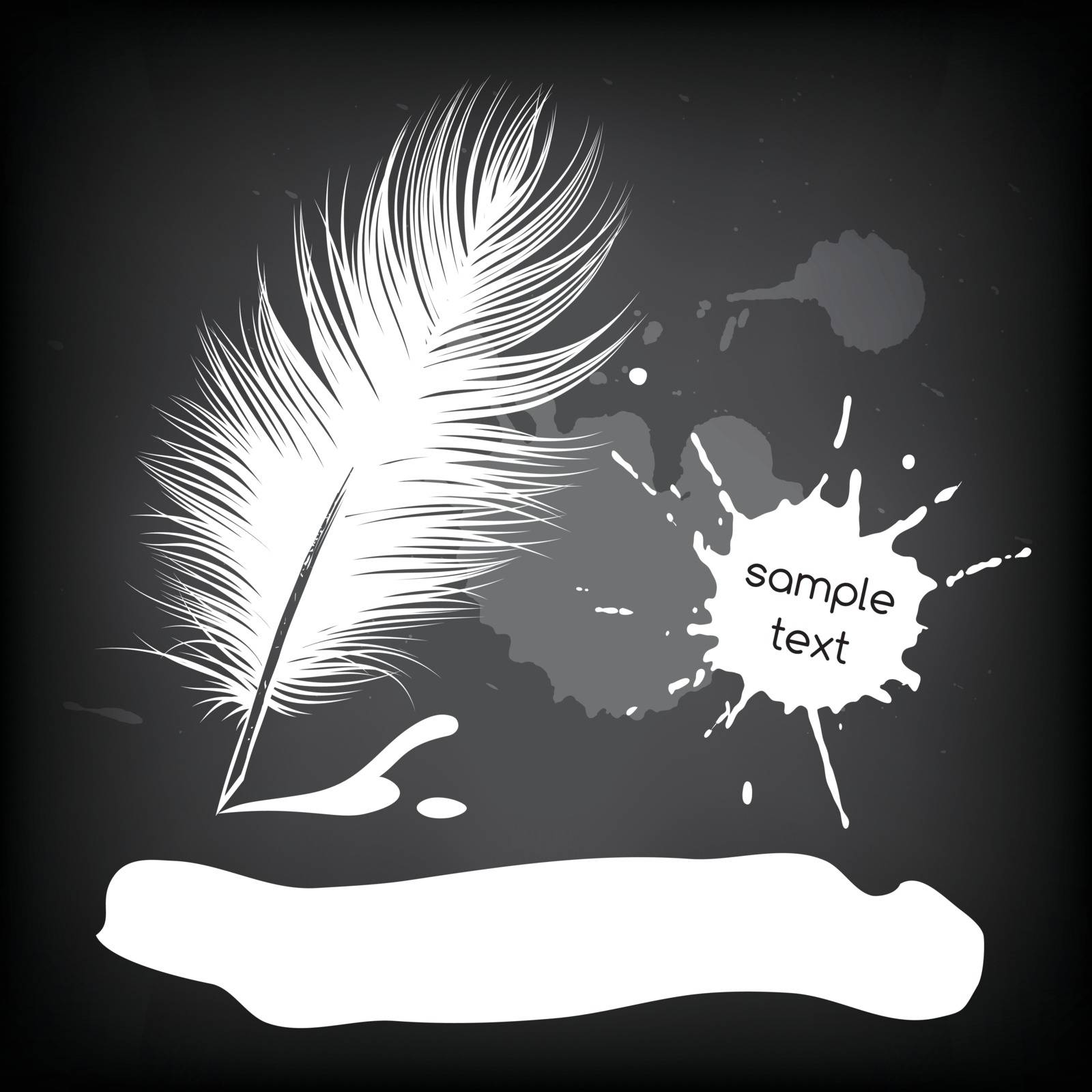 Feather pen vector drawing, quill, calligraphy tool with ink splatter.