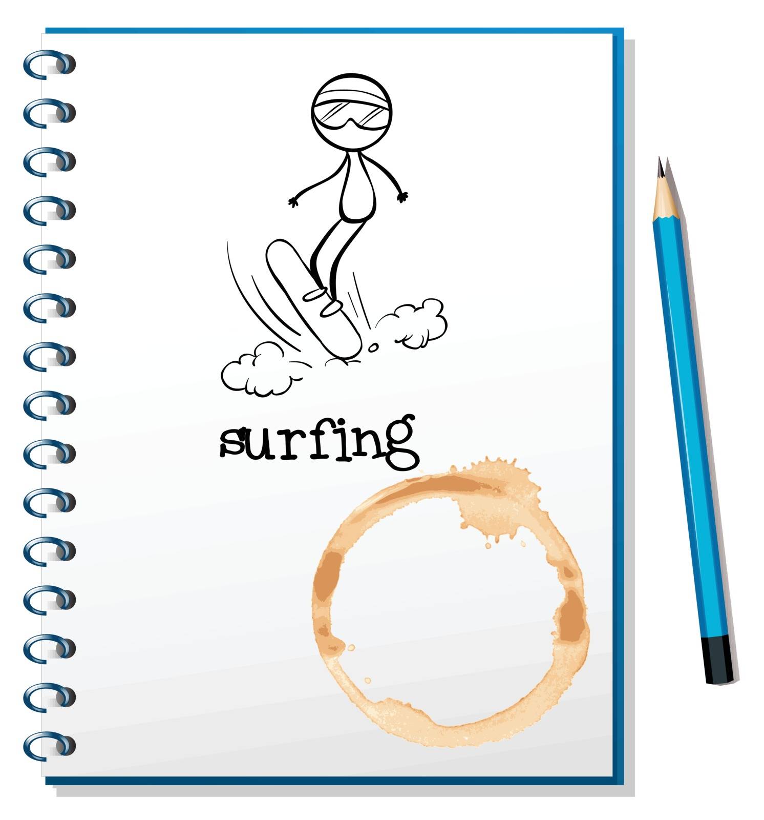 Illustration of a notebook with a sketch of a person surfing on a white background