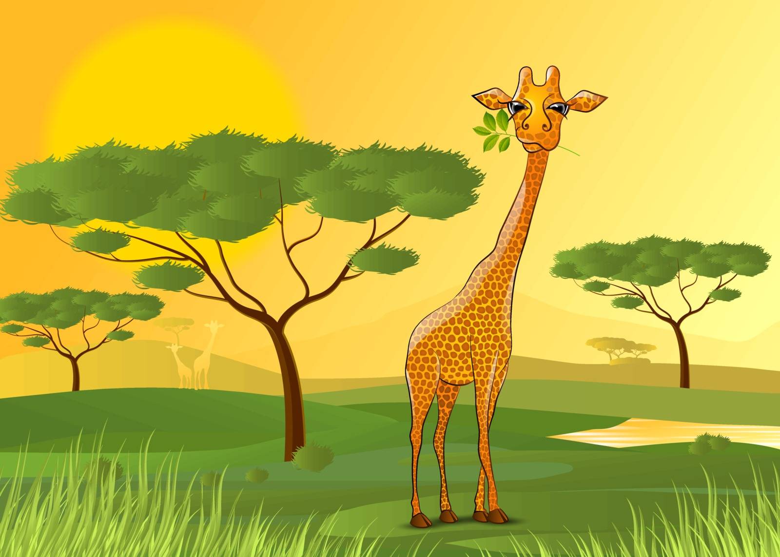 vector illustration Giraffe eating leaves in Africa at sunset