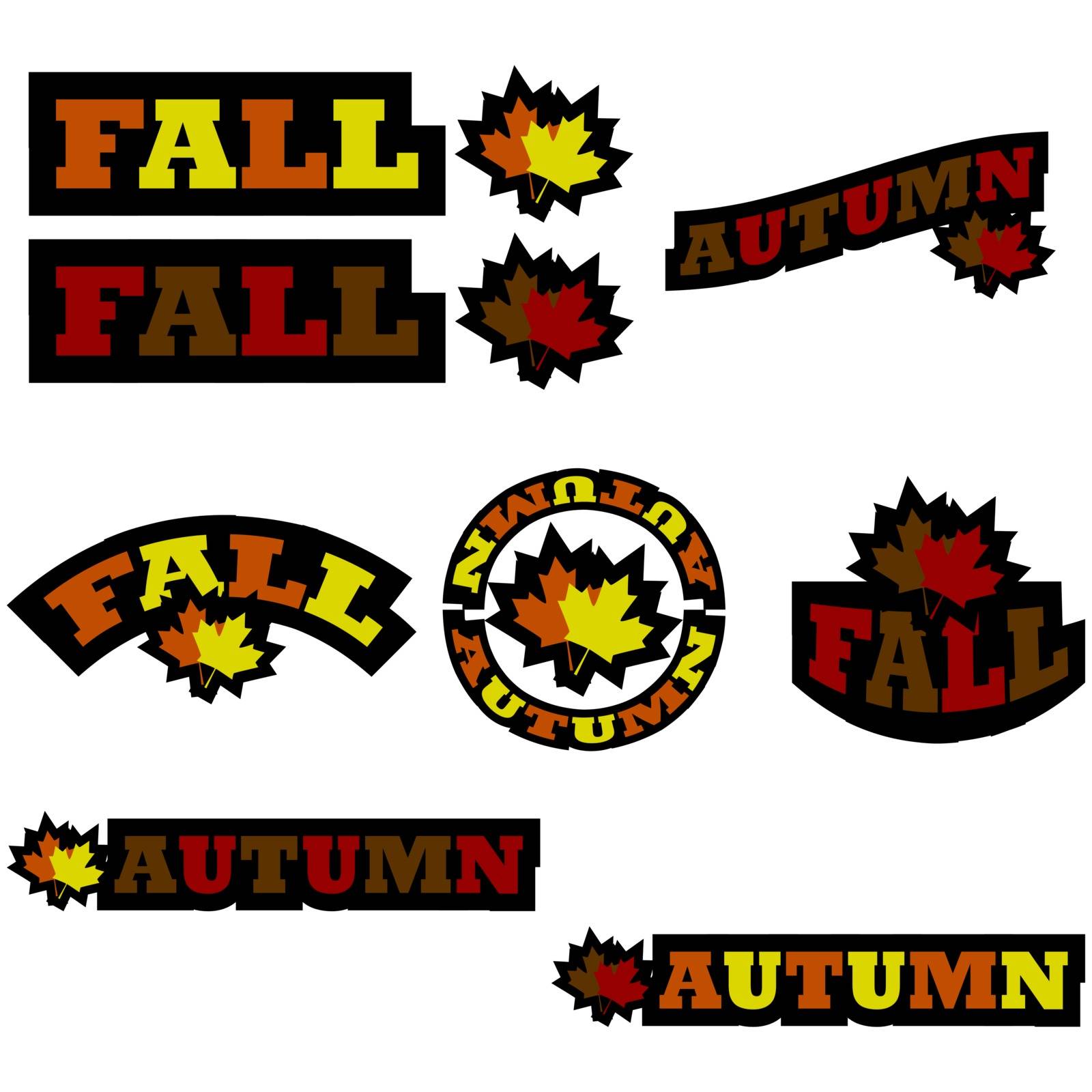 Icon set showing two maple tree leaves beside the words 'Fall' and 'Autumn'