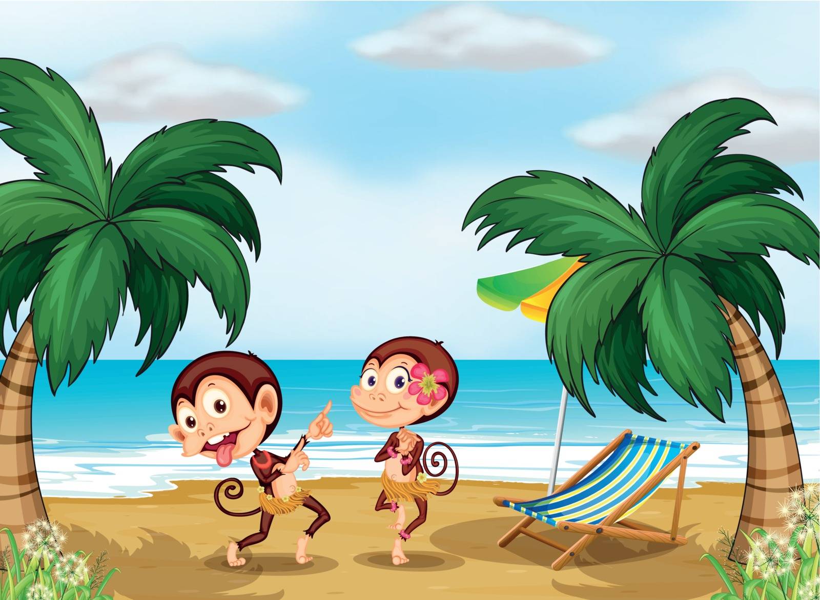 Illustration of the two monkeys wearing a hawaiian attire