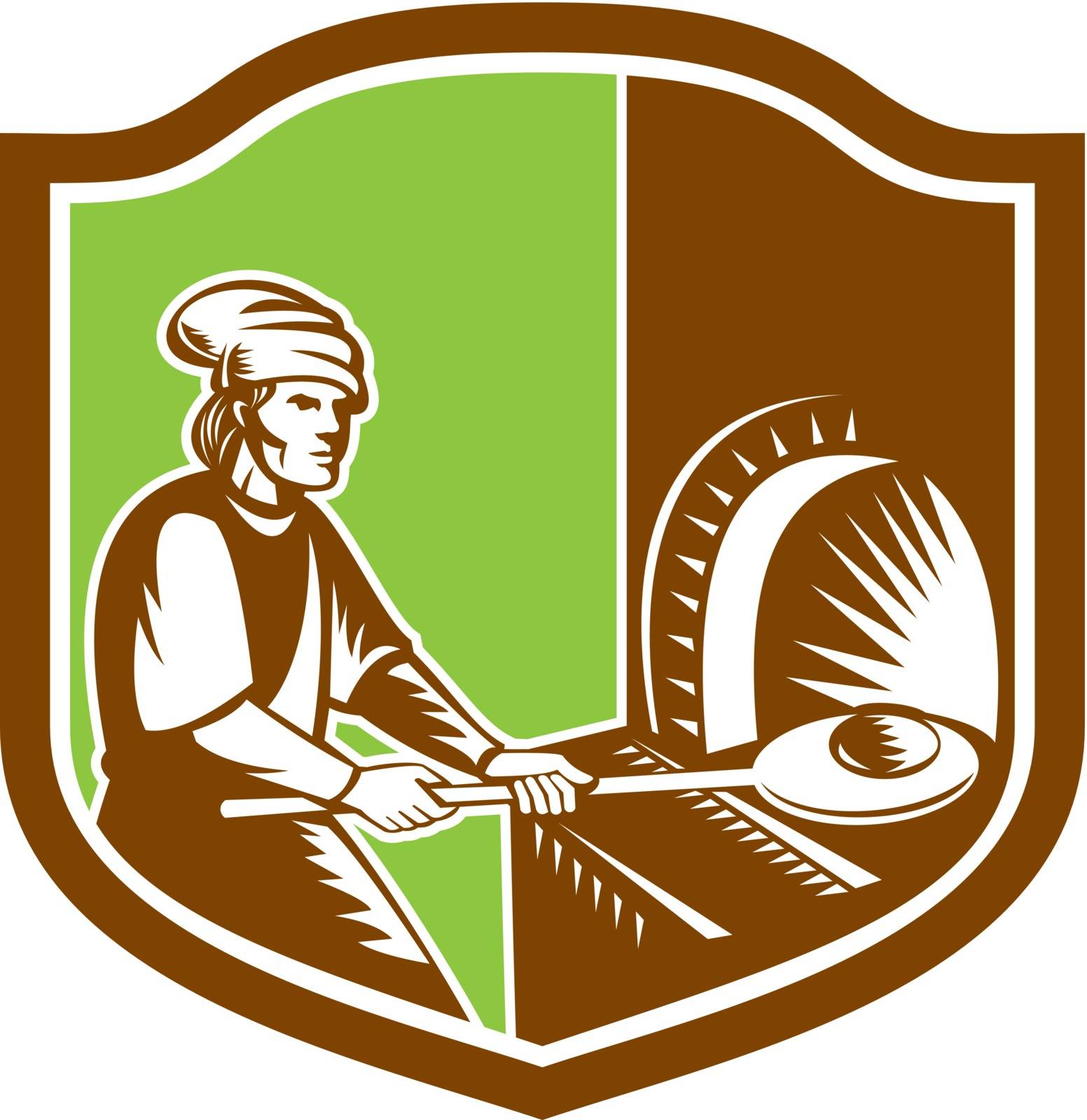 Illustration of a baker pizza maker holding peel pan with bread dough putting in open fire woodfire oven set inside shield crest done in retro style. 