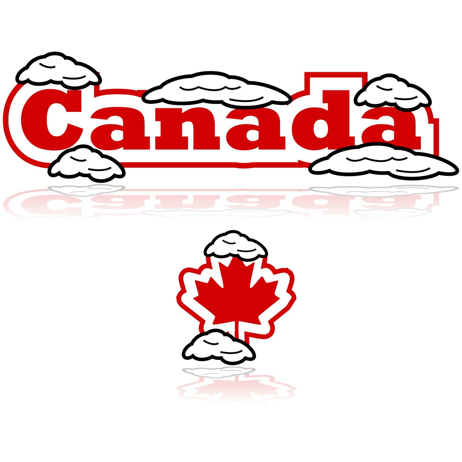 Concept illustration showing the word Canada and a Canadian maple leaf icon partially covered in snow