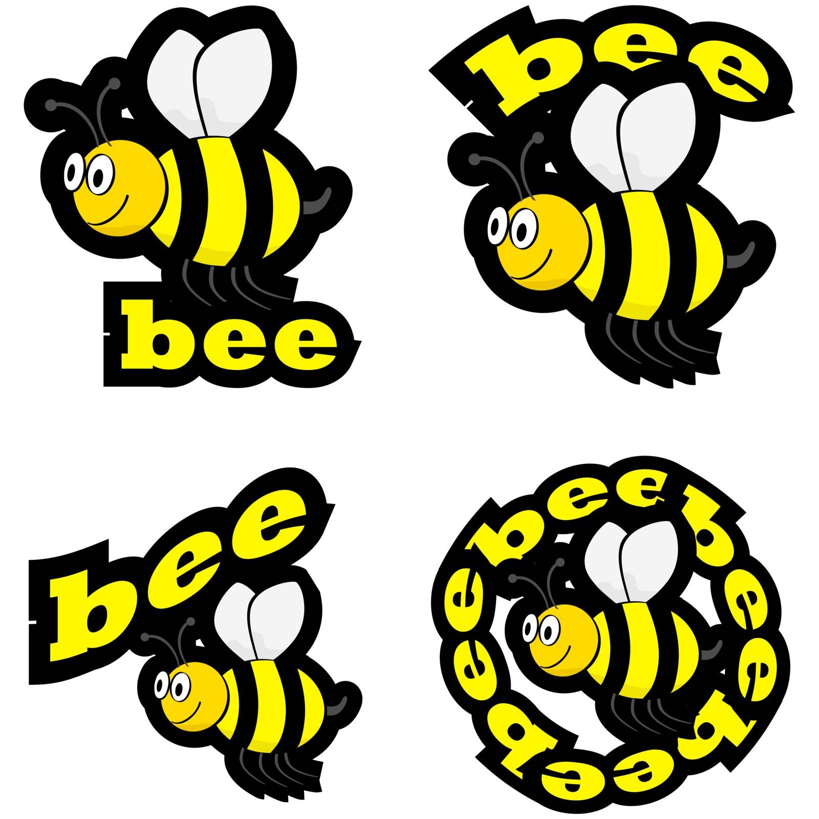 Icon set showing a cartoon bee flying, combined with different representations of the word bee