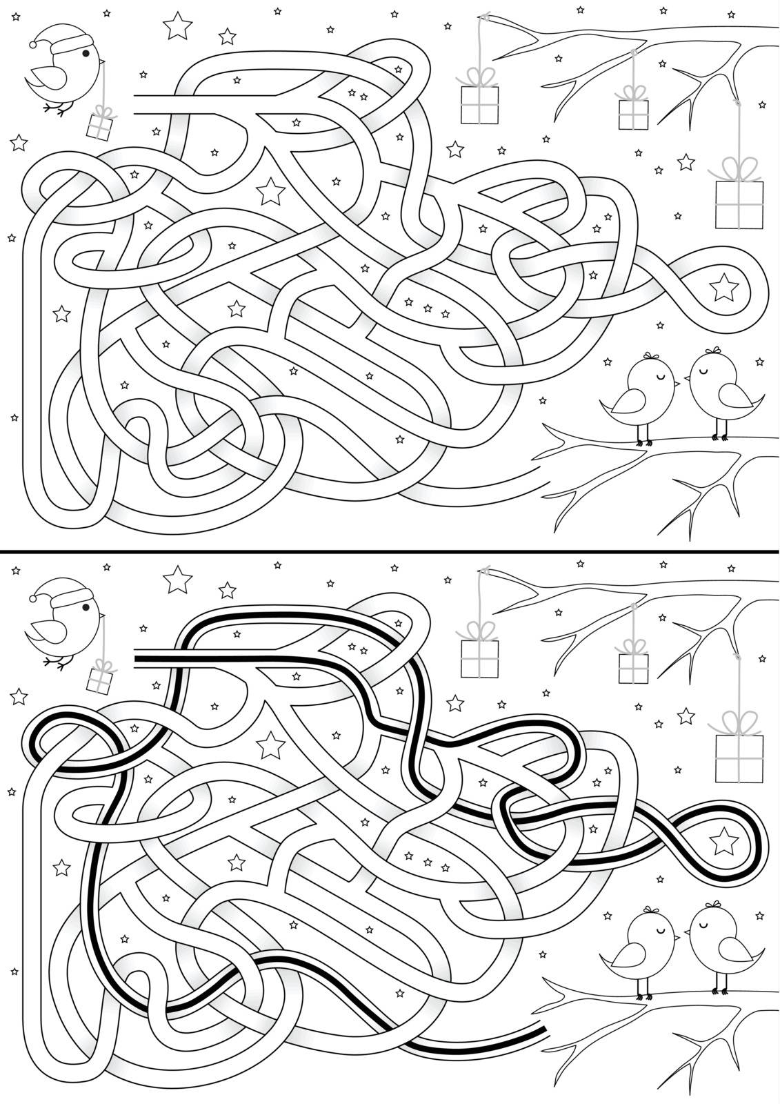 Christmas maze for kids with a solution in black and white