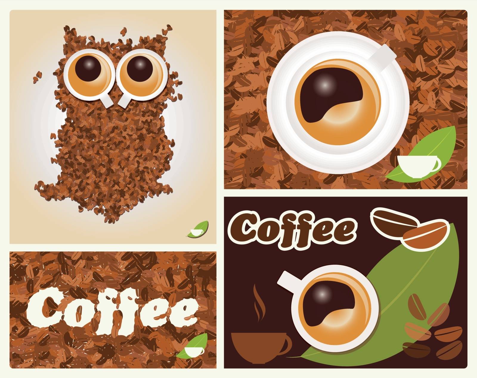 coffee inspired illustrations, with owl, coffee beans  by Bluelela
