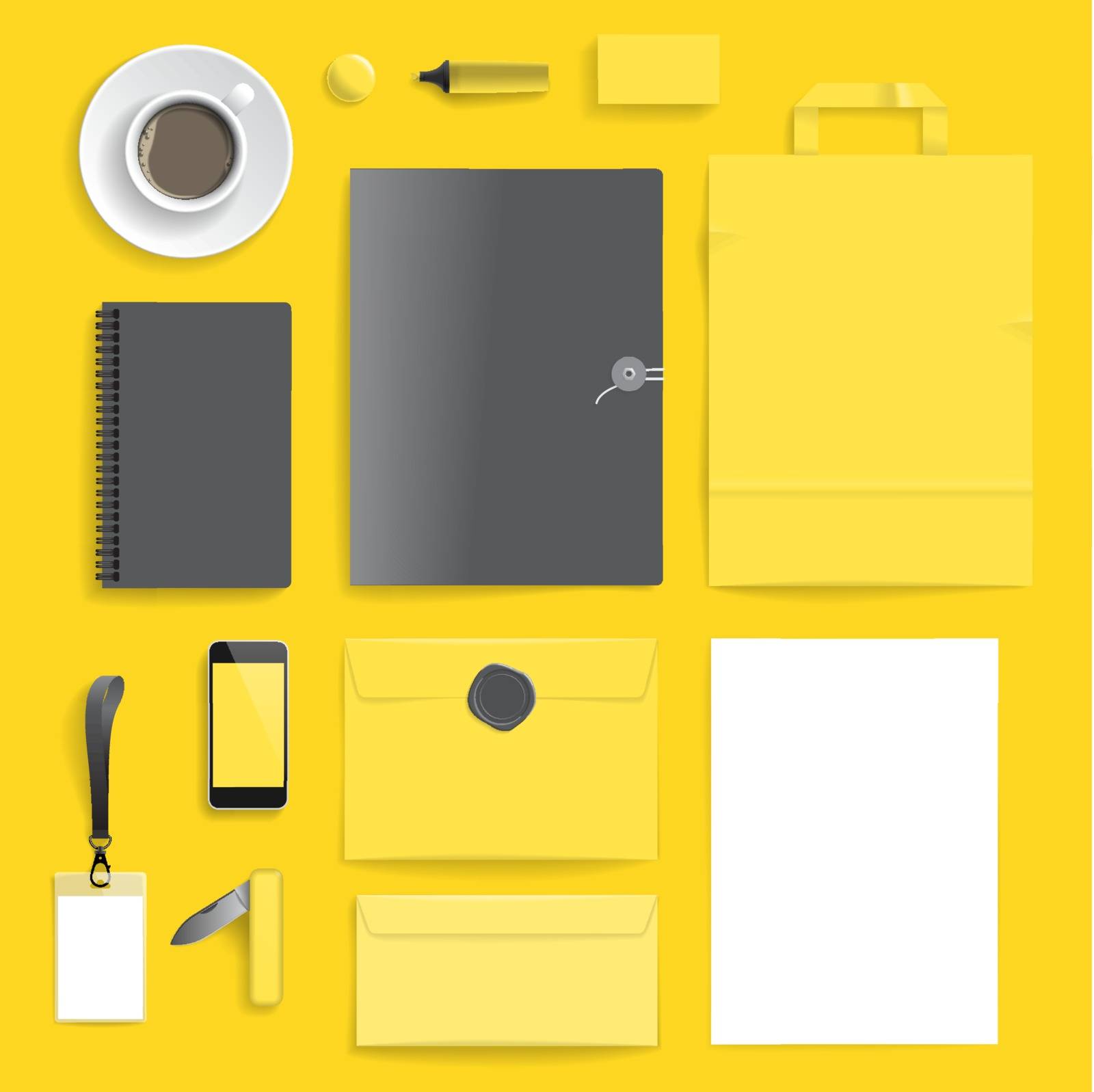 Corporate identity template on yellow background. Use layer "Print" in vector file to recolor objects. Eps-10 with transparency.