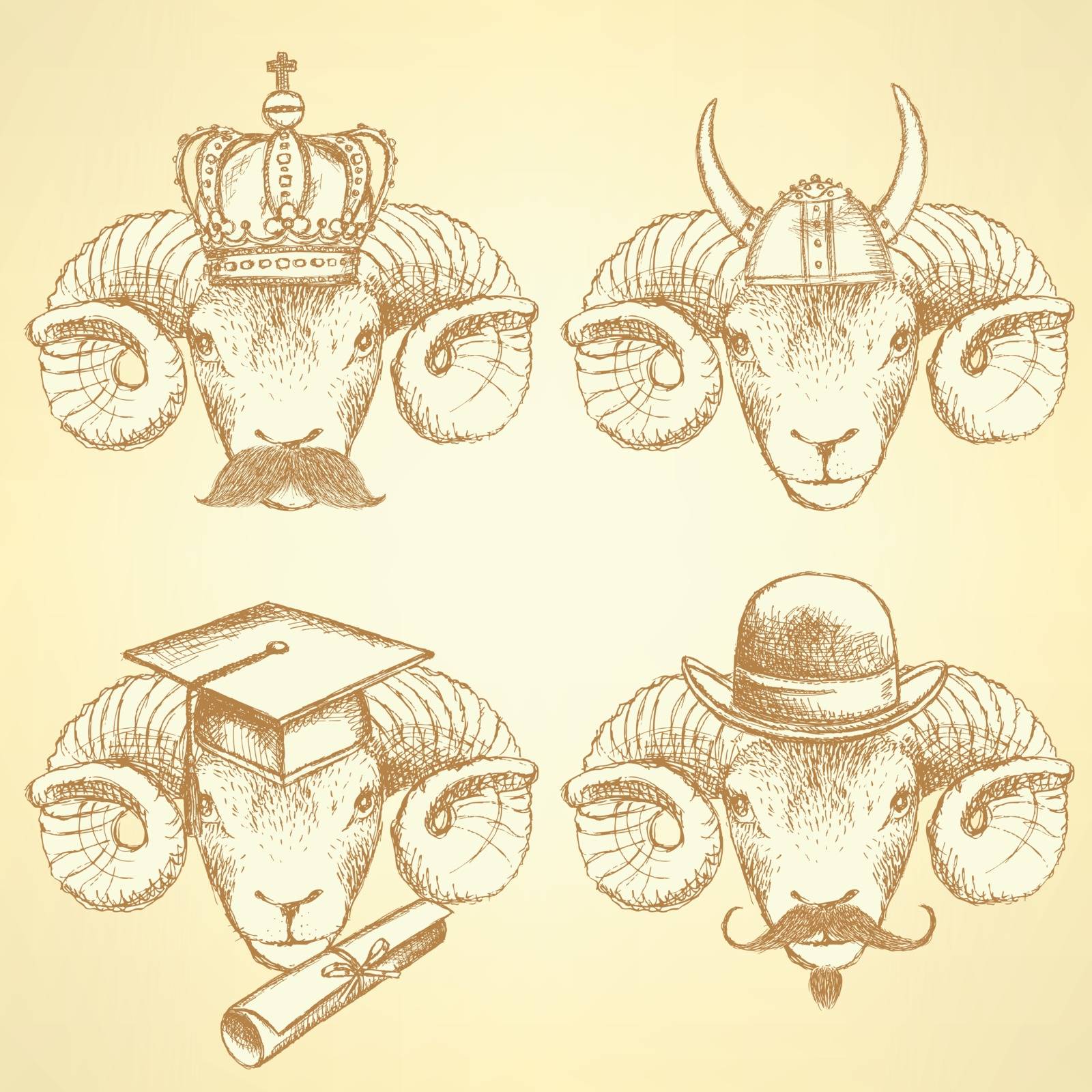 Sketch unusual rams set in vintage style
