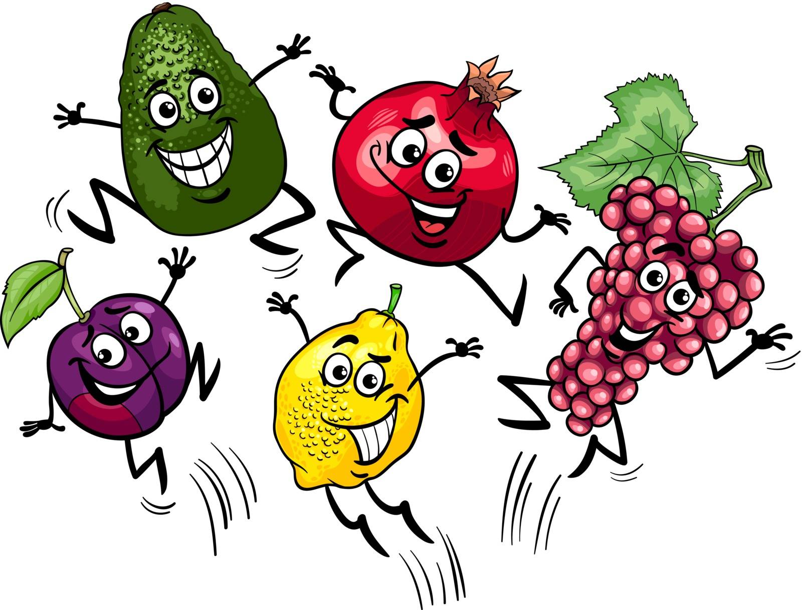 Cartoon Illustration of Happy Jumping Fruits Food Characters
