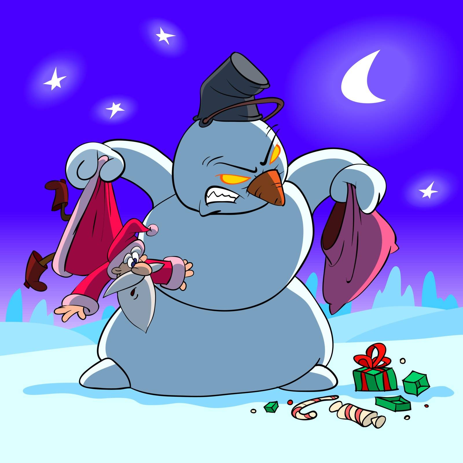 Angry Snowman ask to Santa Claus where is his gift