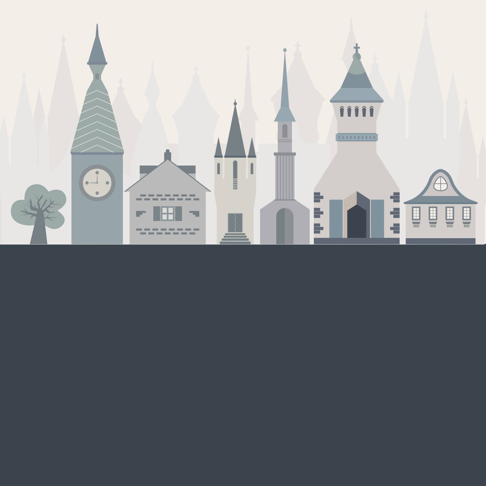 Template for an invitation or card with beautiful castles made in flat style. Vector fairytale illustration.