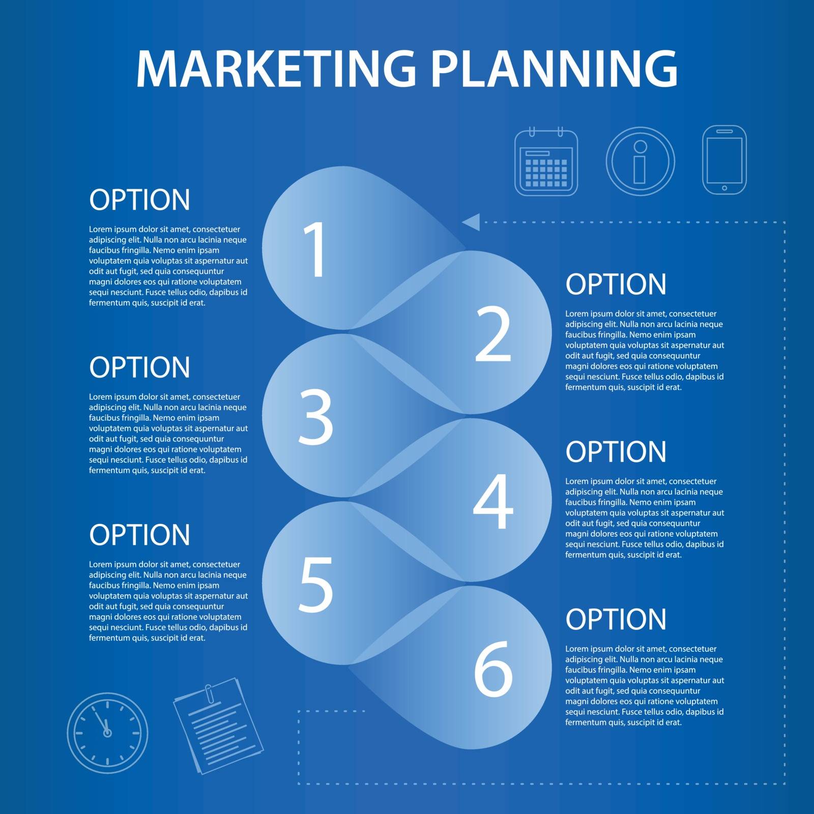 timeline marketing planning ifographic design template with icons on blue backgrond - six steps
