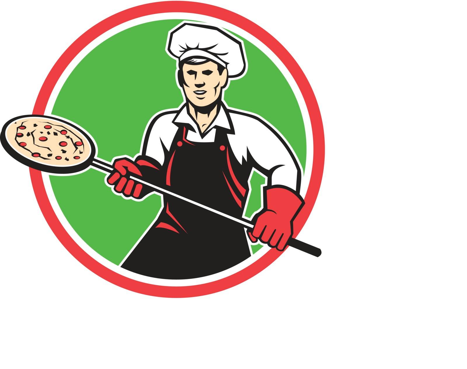 Illustration of a baker pizza maker holding a peel with pizza viewed from front set inside circle on isolated background done in retro style. 