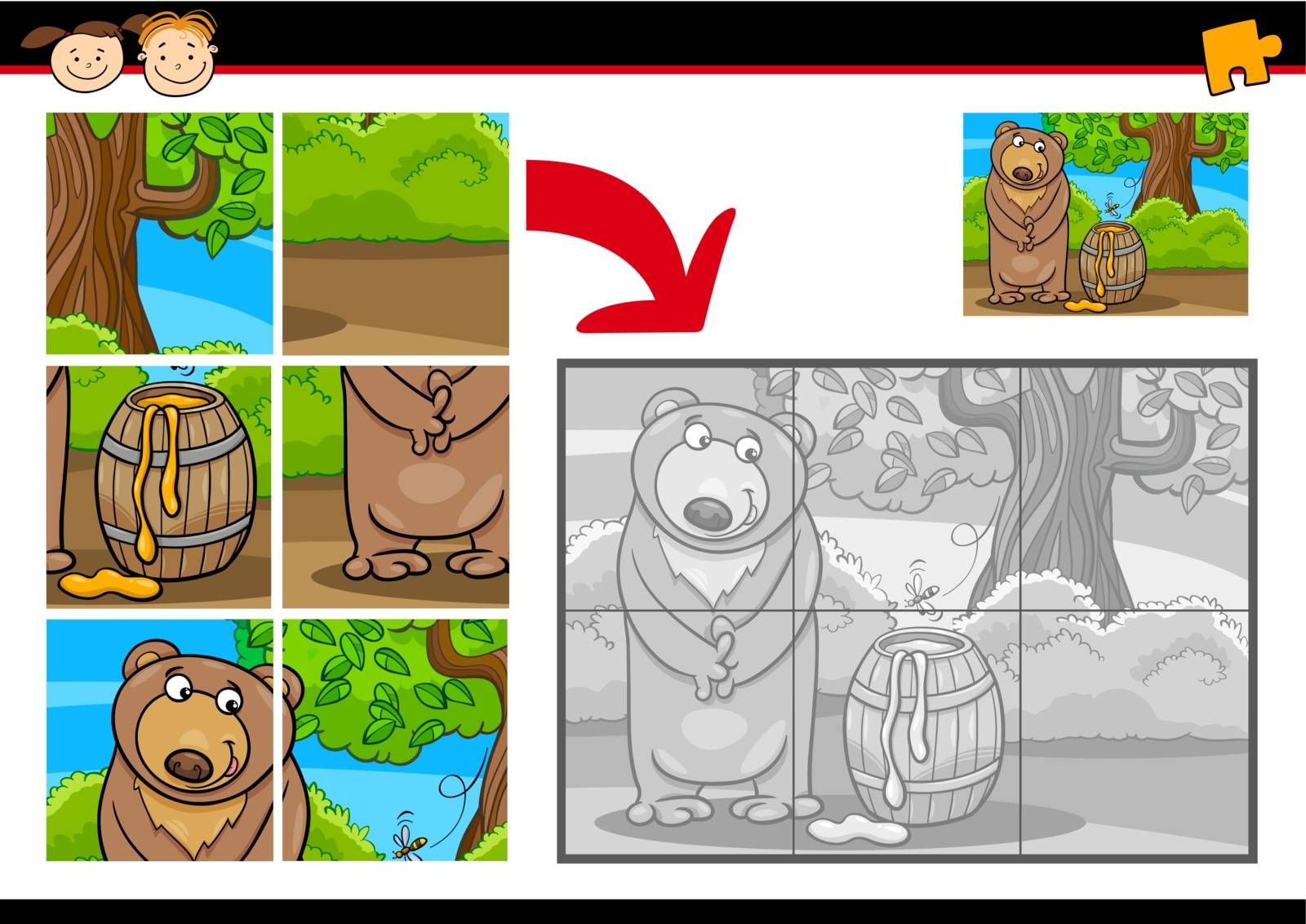 Cartoon Illustration of Education Jigsaw Puzzle Game for Preschool Children with Funny Bear Animal
