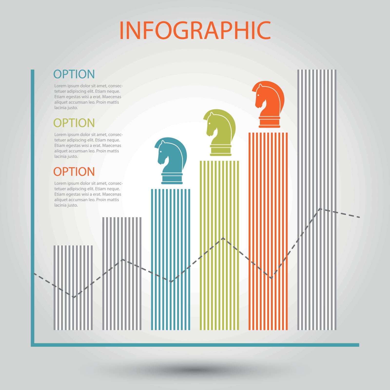 vector striped bar growth graph - info chart template - business infographic with three options and strategy icons